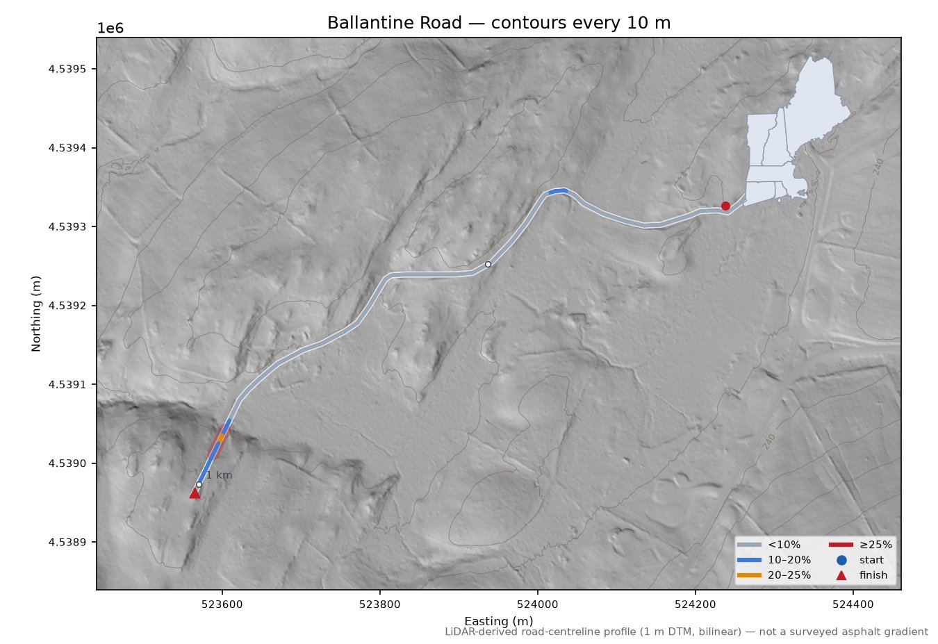 Ballantine Road LiDAR hillshade map with contours