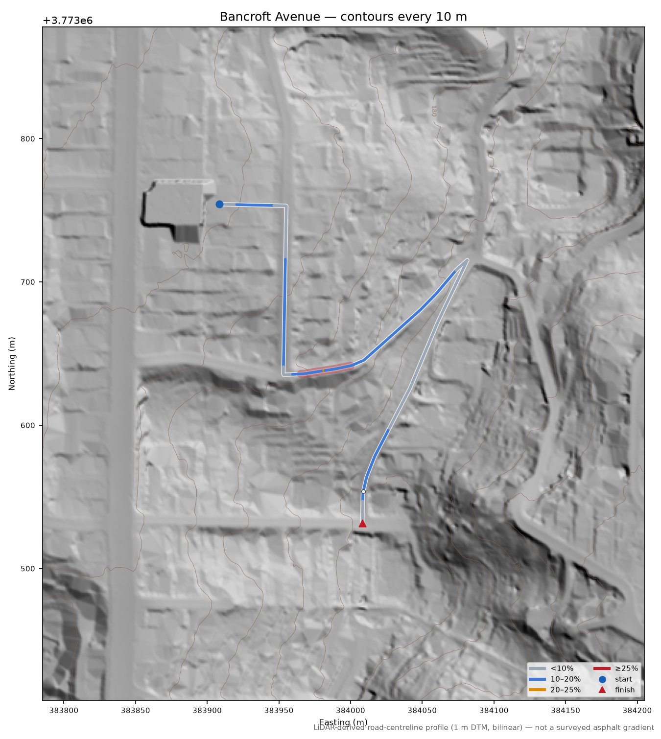 Bancroft Avenue LiDAR hillshade map with contours