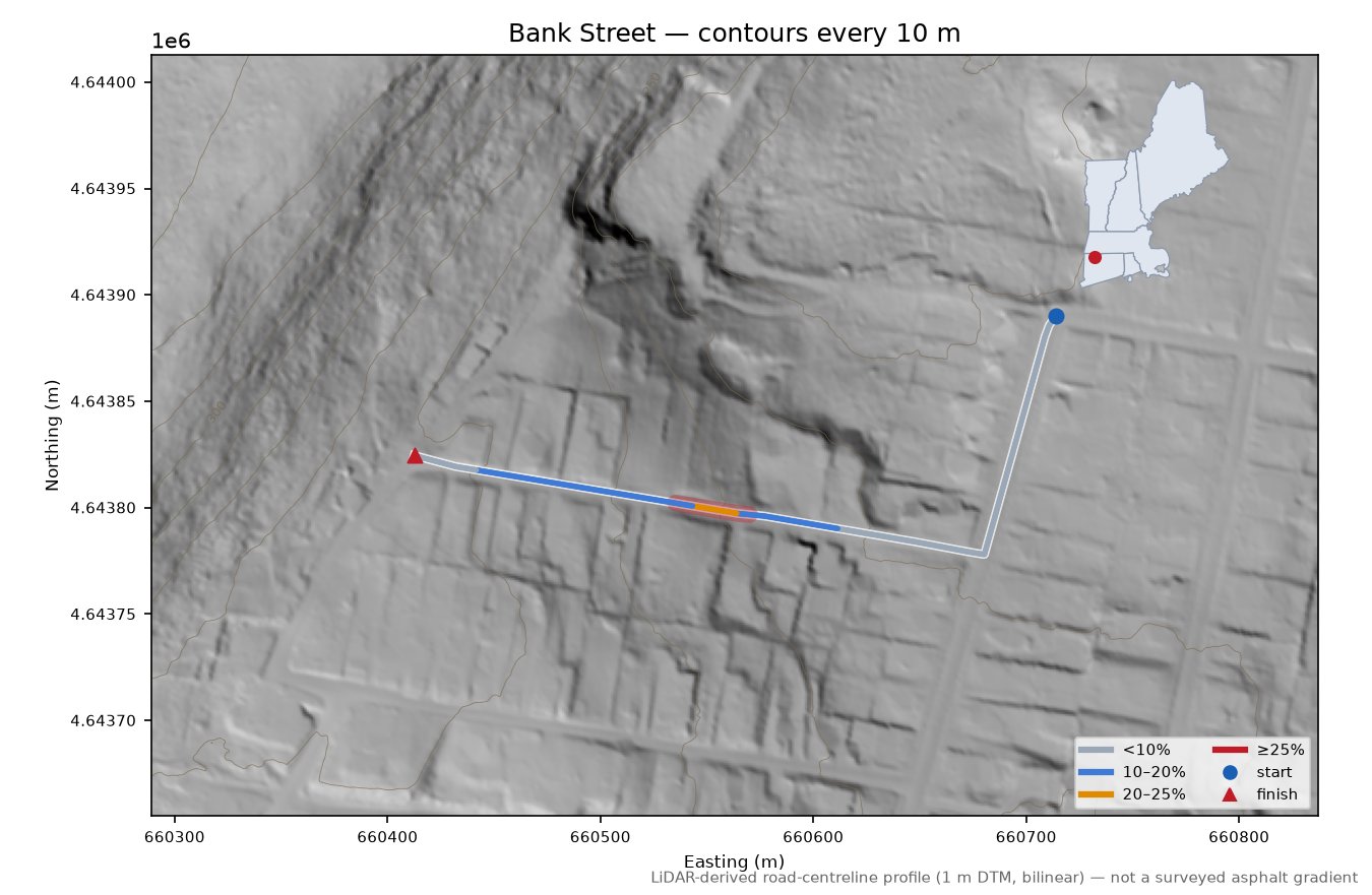 Bank Street LiDAR hillshade map with contours