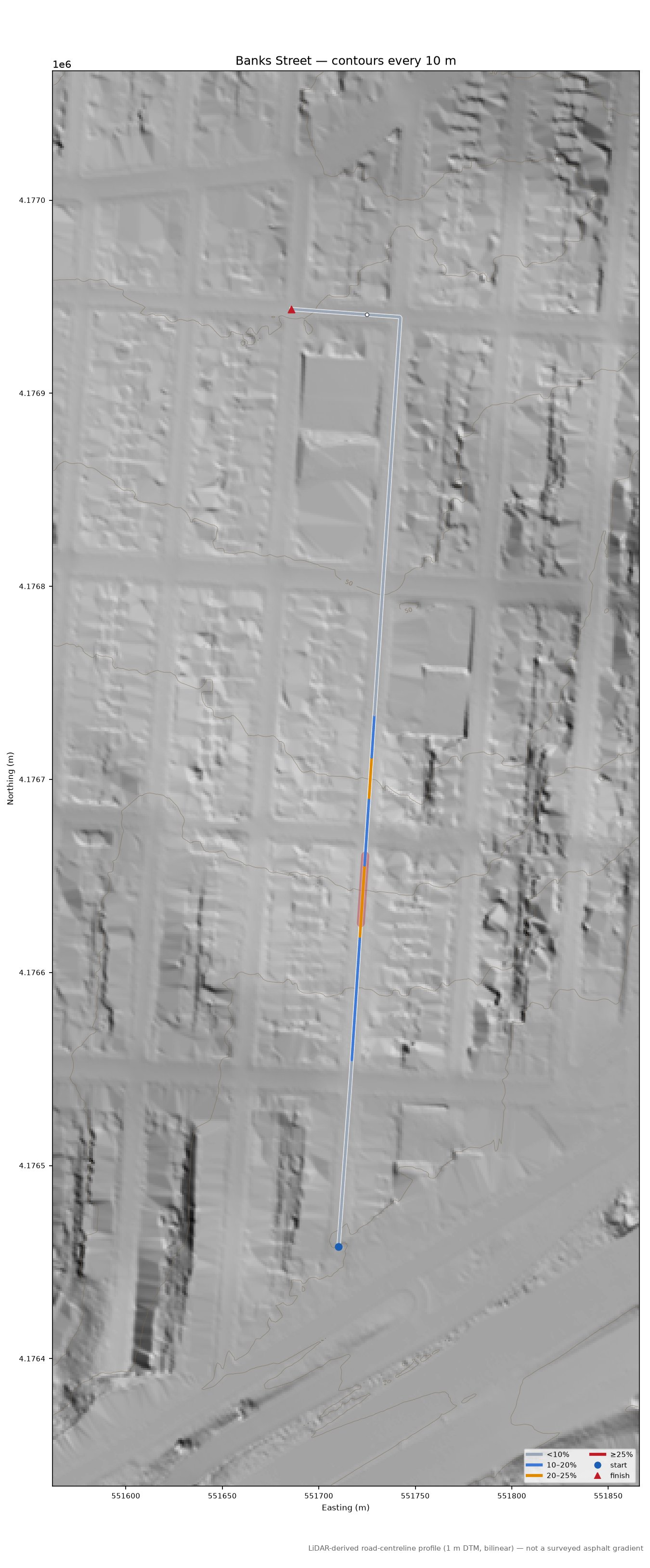 Banks Street LiDAR hillshade map with contours