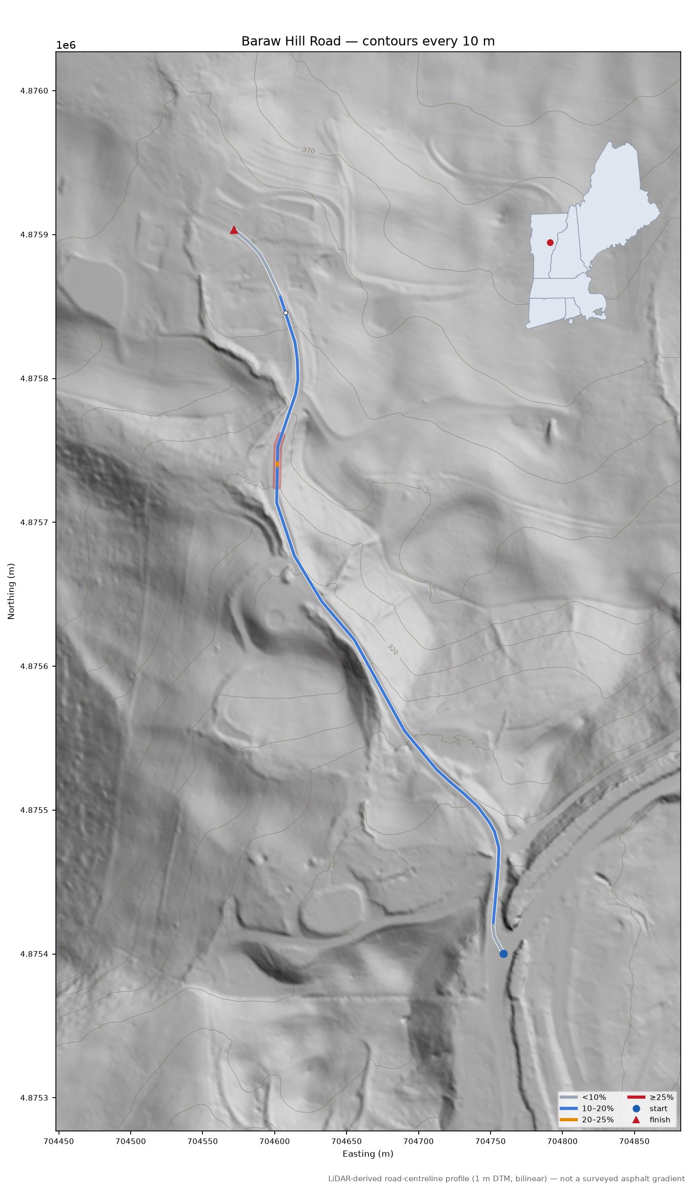 Baraw Hill Road LiDAR hillshade map with contours