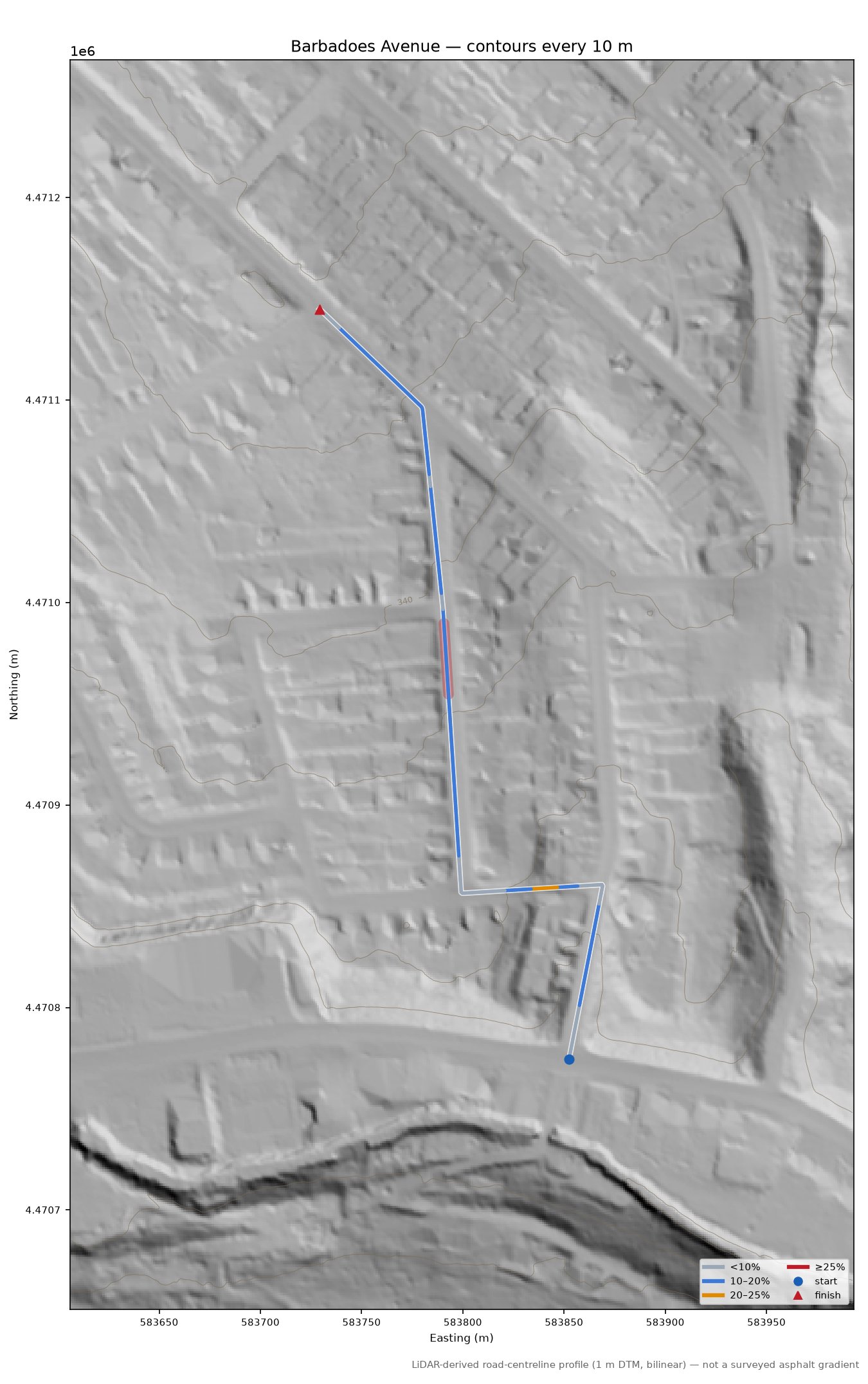 Barbadoes Avenue LiDAR hillshade map with contours
