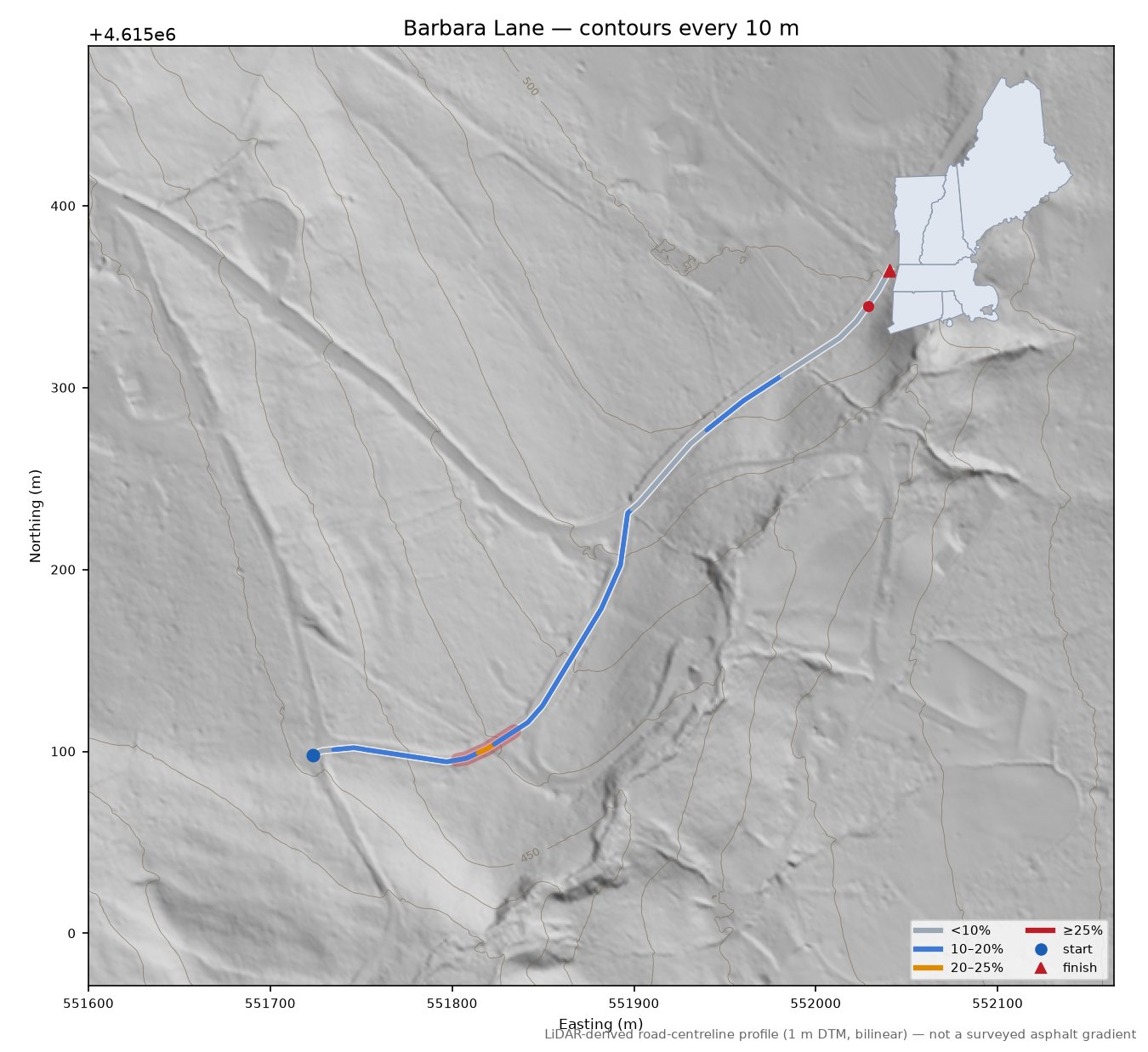 Barbara Lane LiDAR hillshade map with contours