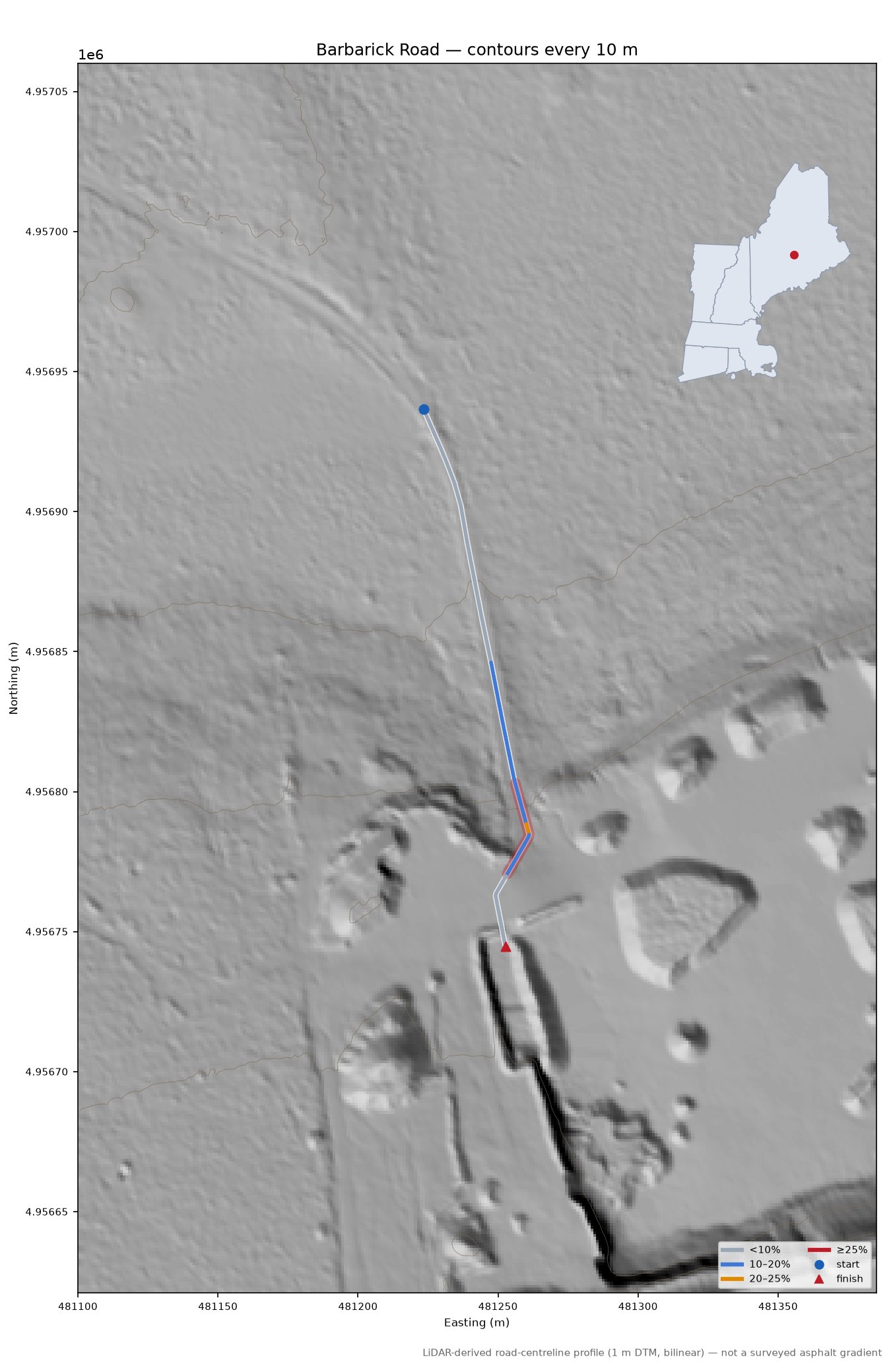 Barbarick Road LiDAR hillshade map with contours