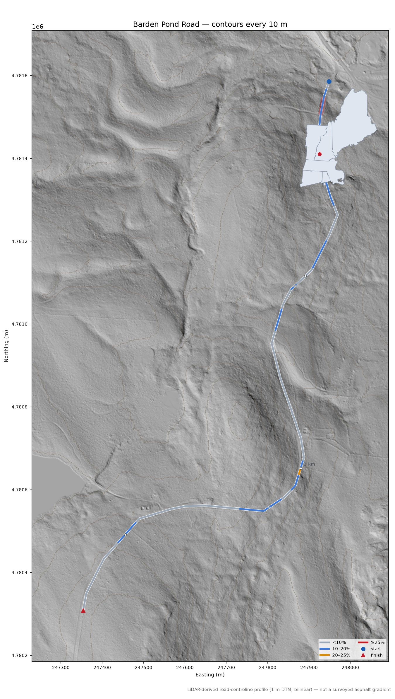 Barden Pond Road LiDAR hillshade map with contours