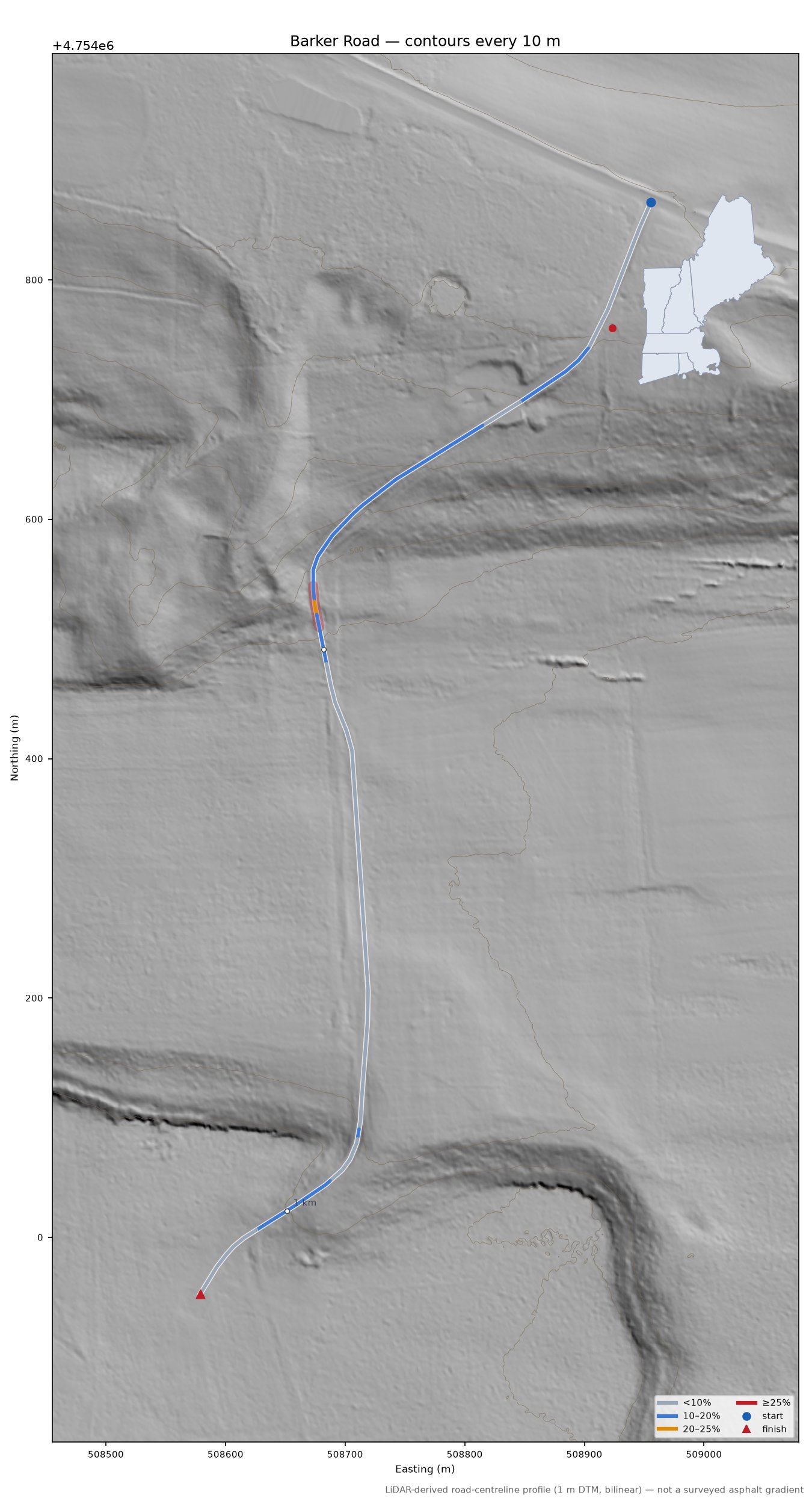 Barker Road LiDAR hillshade map with contours