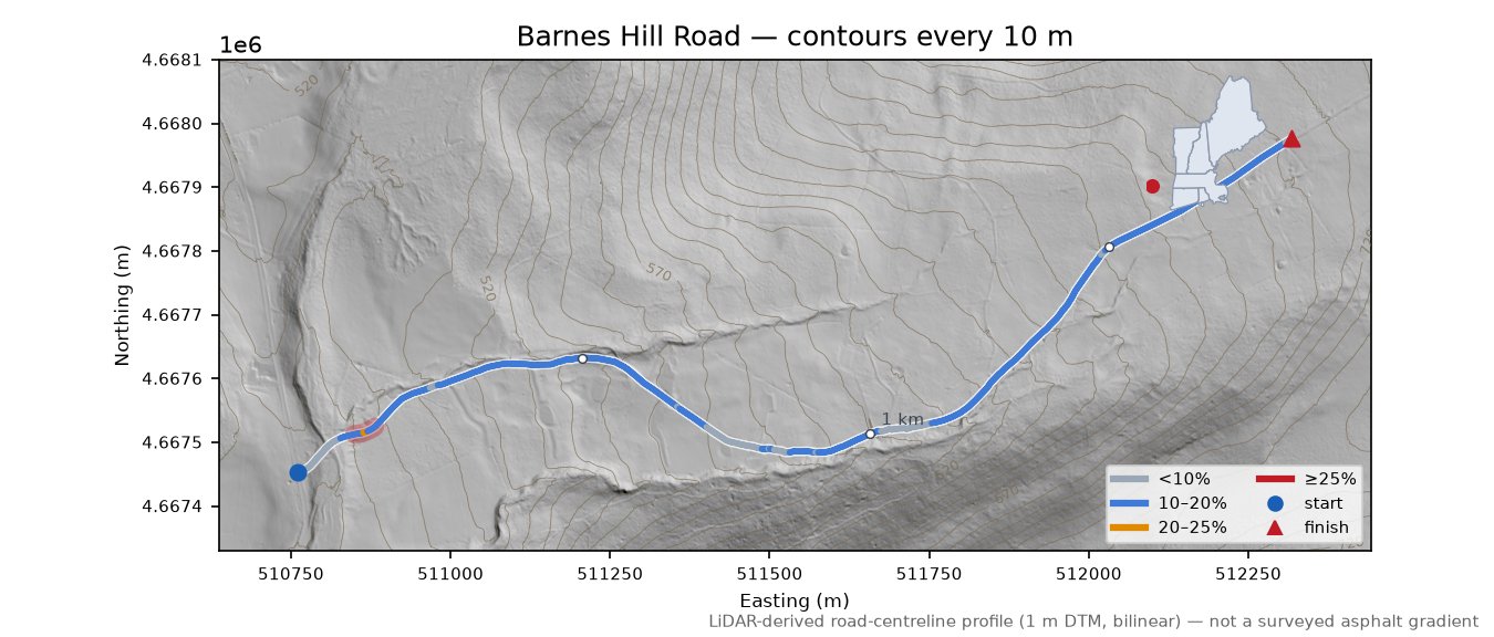 Barnes Hill Road LiDAR hillshade map with contours
