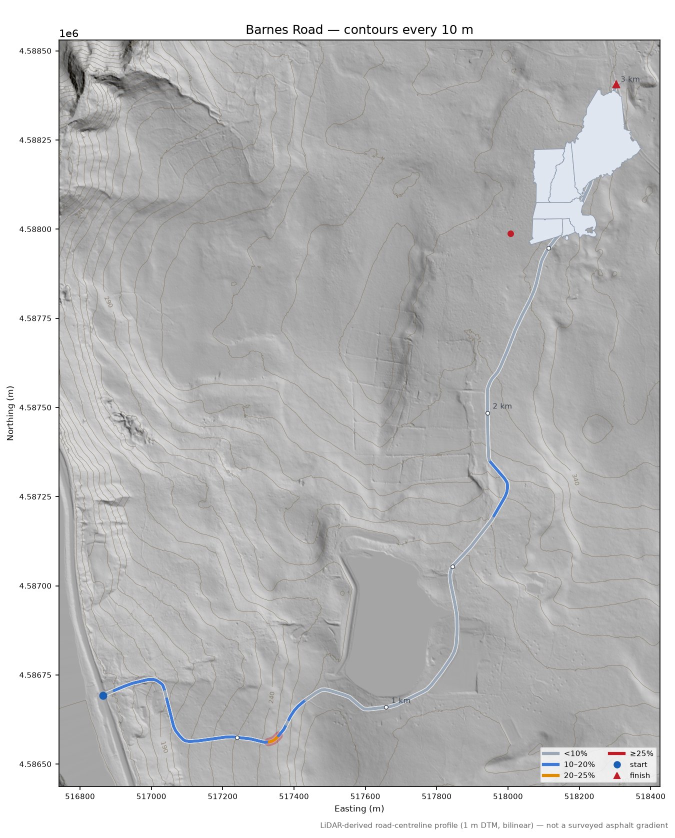 Barnes Road LiDAR hillshade map with contours