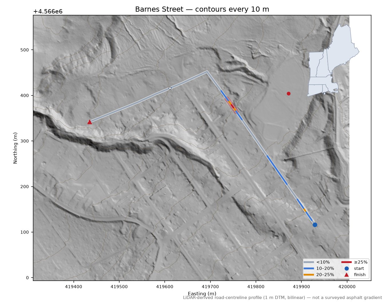 Barnes Street LiDAR hillshade map with contours