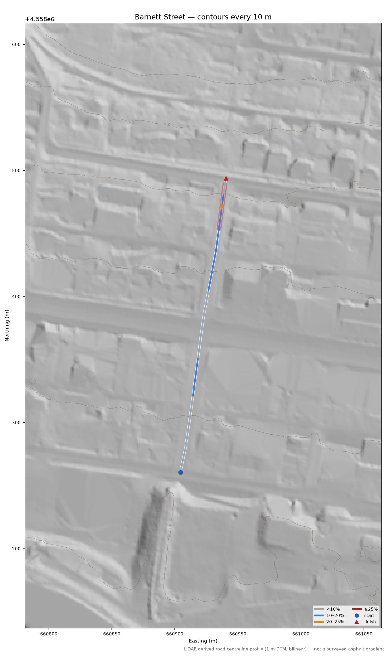 Barnett Street LiDAR hillshade map with contours