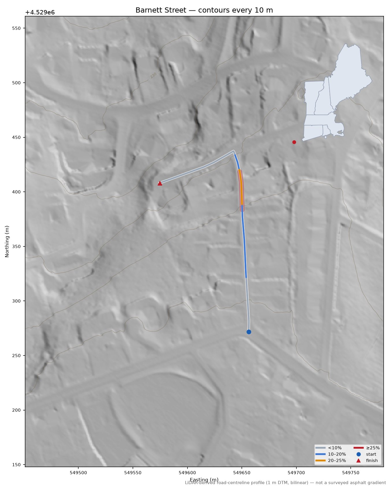 Barnett Street LiDAR hillshade map with contours