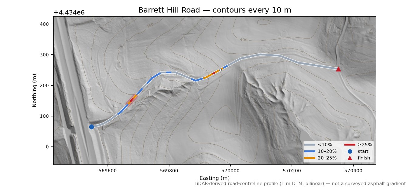 Barrett Hill Road LiDAR hillshade map with contours