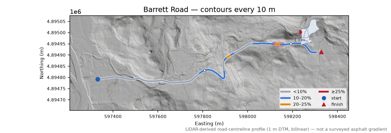 Barrett Road LiDAR hillshade map with contours