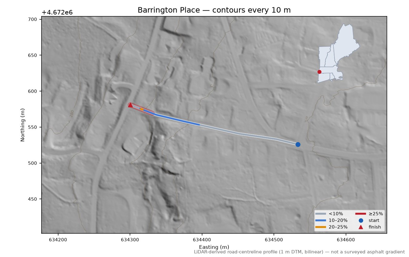 Barrington Place LiDAR hillshade map with contours