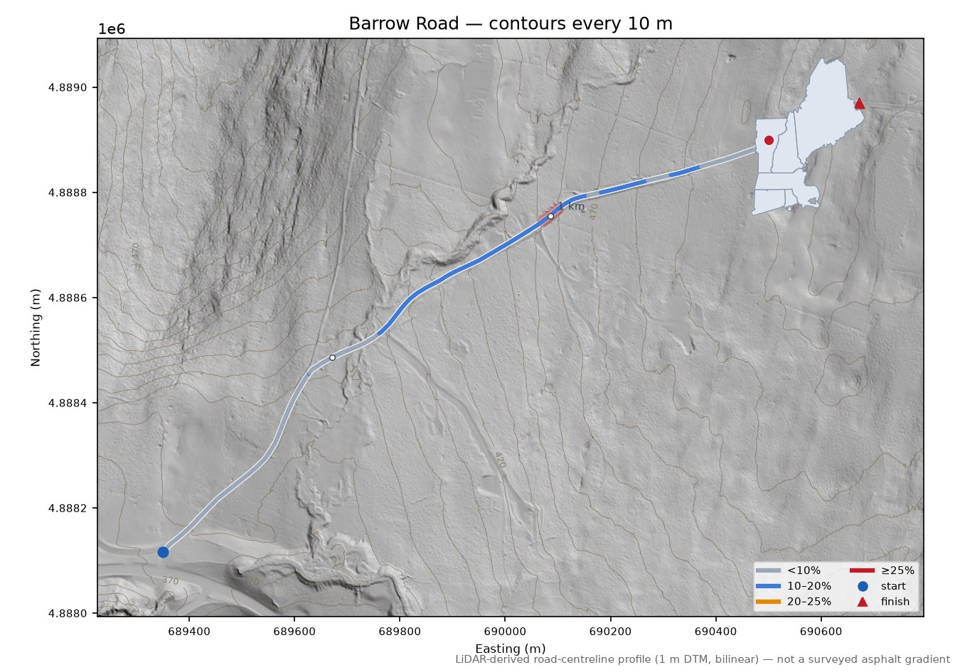 Barrow Road LiDAR hillshade map with contours