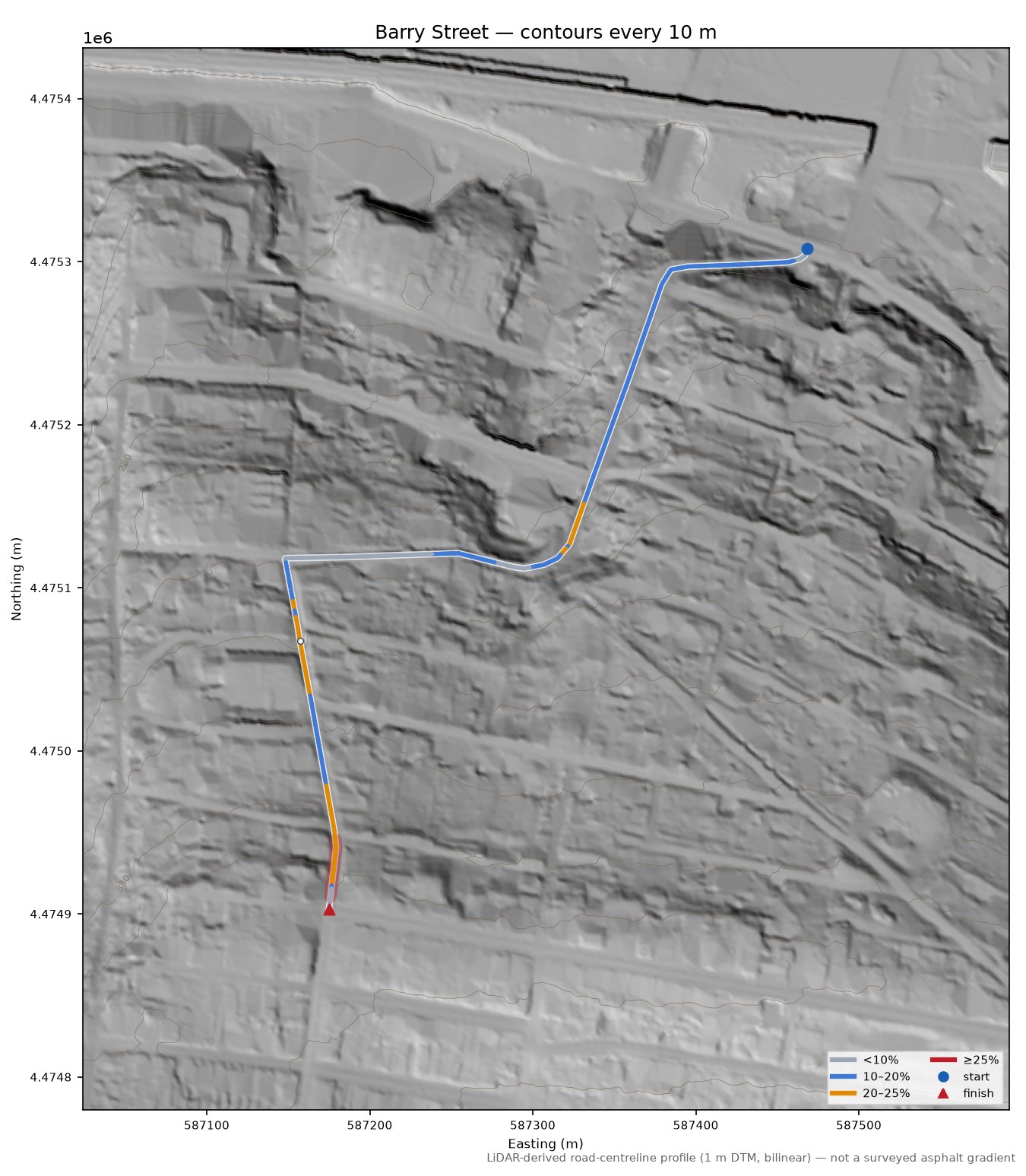 Barry Street LiDAR hillshade map with contours