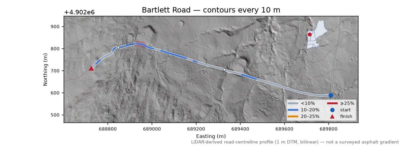 Bartlett Road LiDAR hillshade map with contours