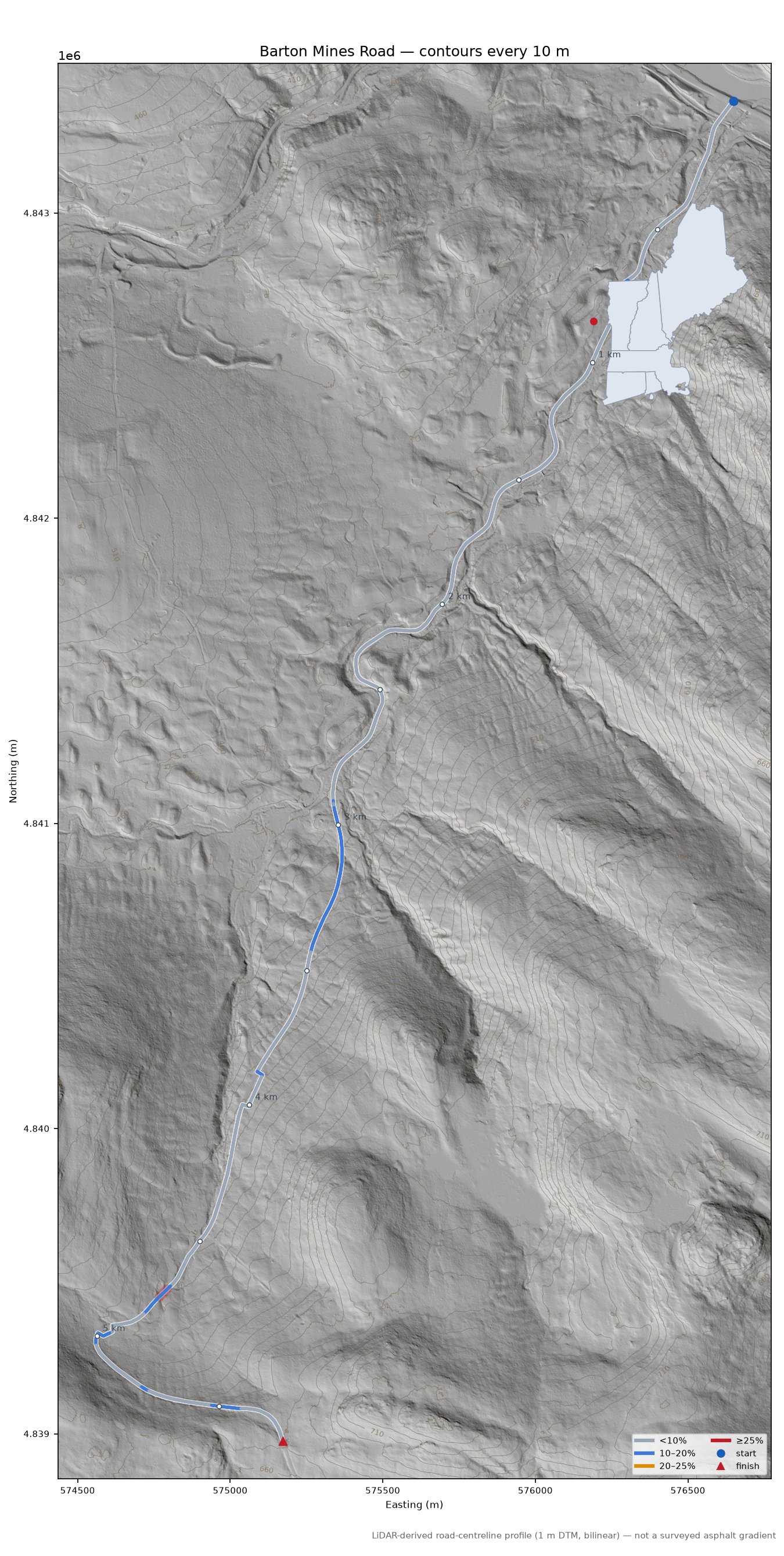 Barton Mines Road LiDAR hillshade map with contours