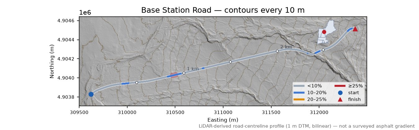 Base Station Road LiDAR hillshade map with contours