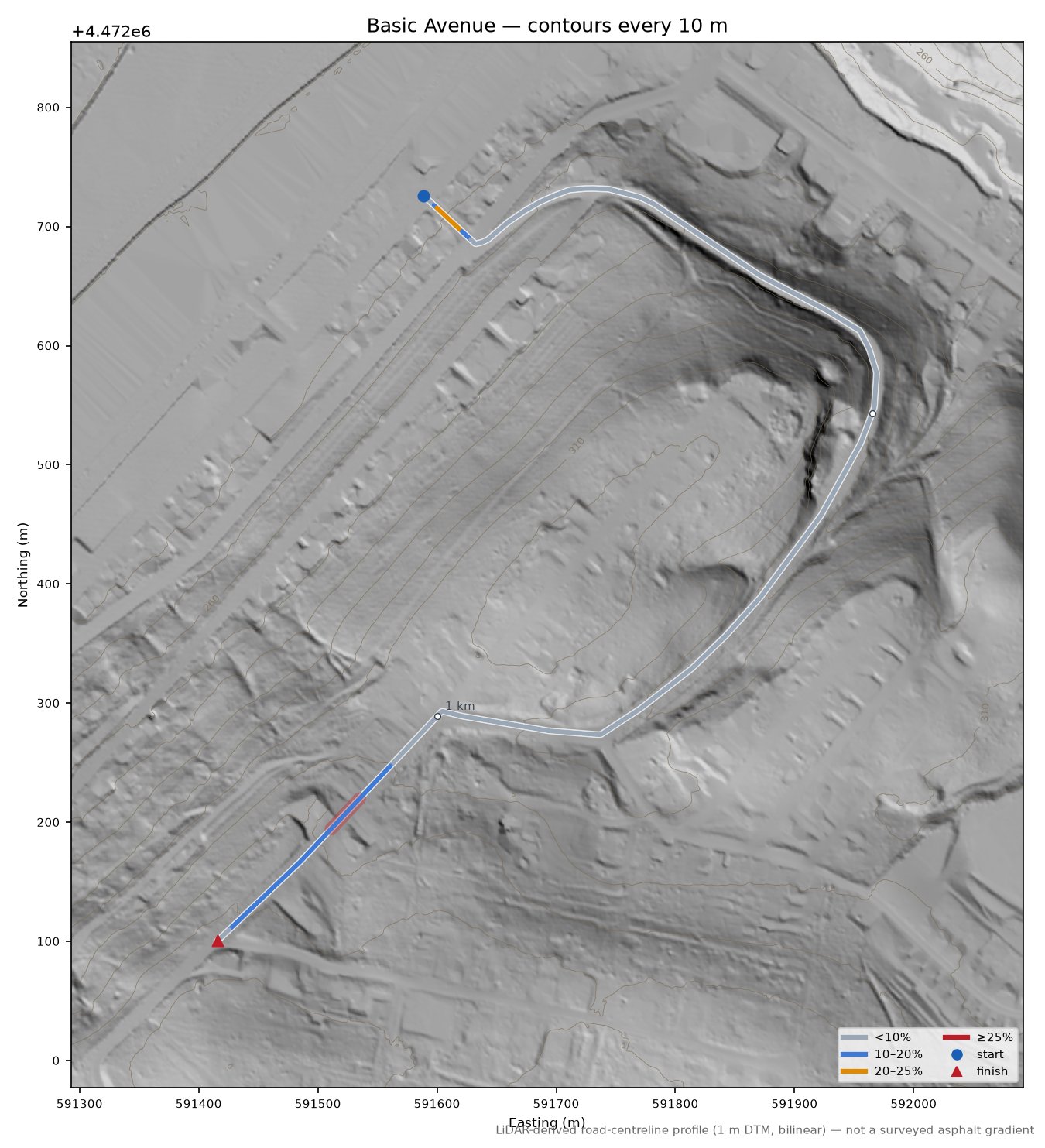 Basic Avenue LiDAR hillshade map with contours