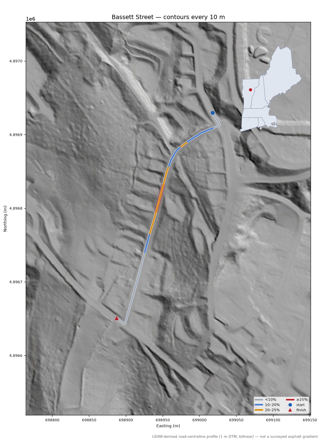 Bassett Street LiDAR hillshade map with contours