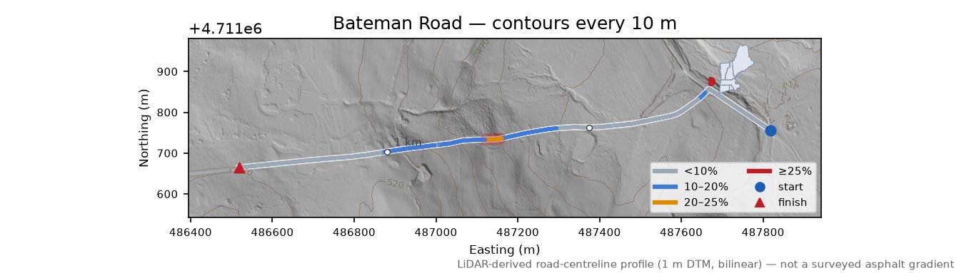 Bateman Road LiDAR hillshade map with contours