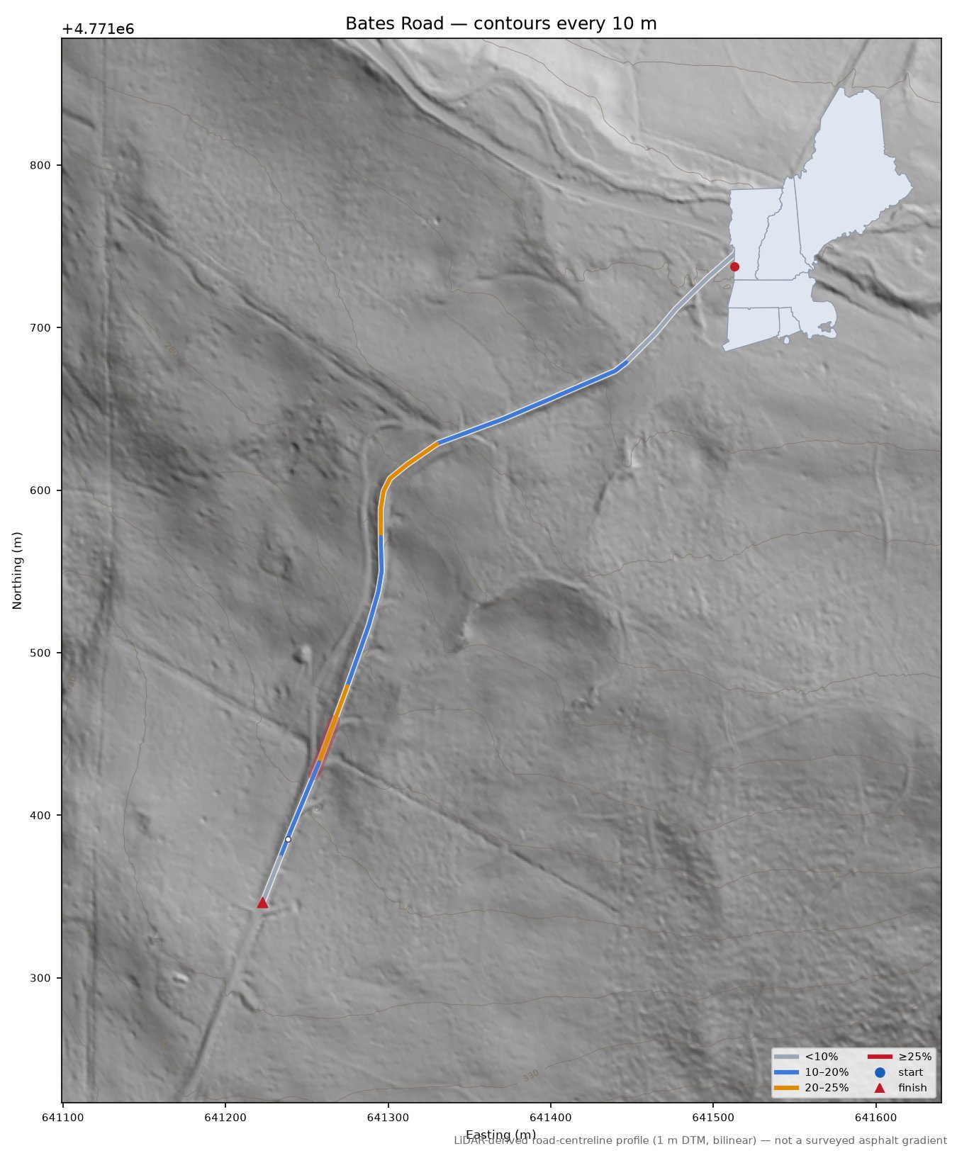 Bates Road LiDAR hillshade map with contours