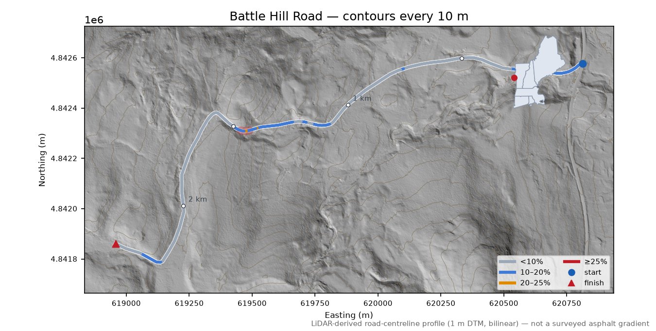 Battle Hill Road LiDAR hillshade map with contours