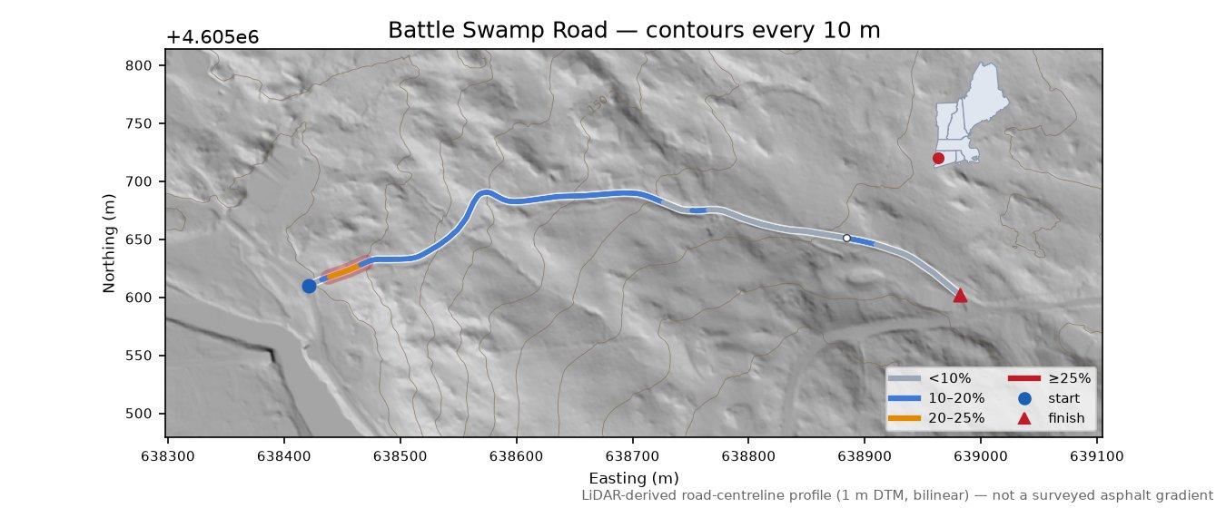 Battle Swamp Road LiDAR hillshade map with contours