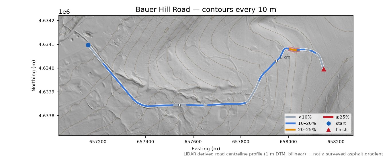 Bauer Hill Road LiDAR hillshade map with contours