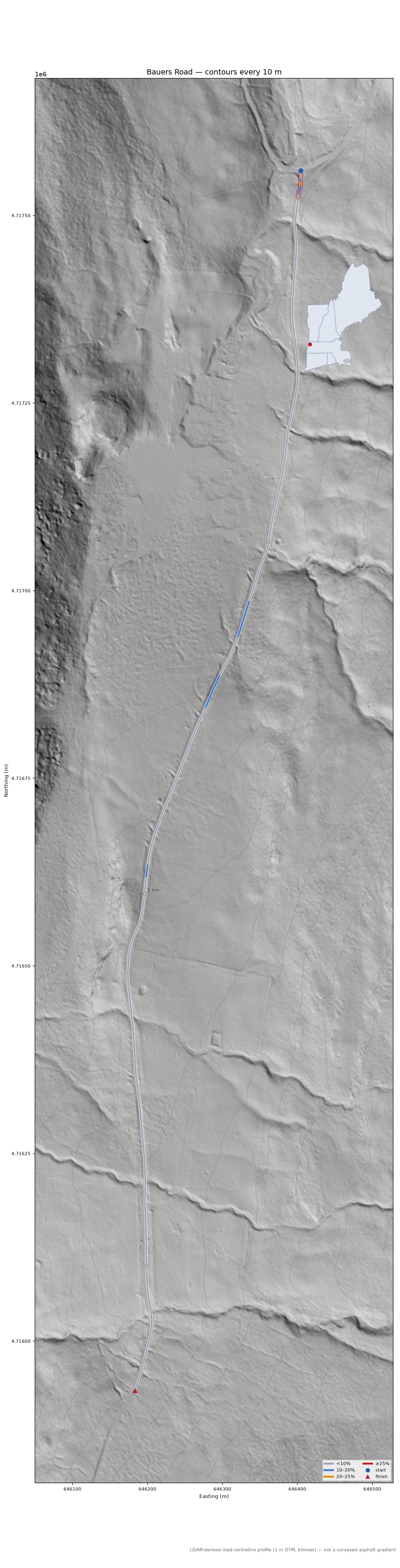 Bauers Road LiDAR hillshade map with contours
