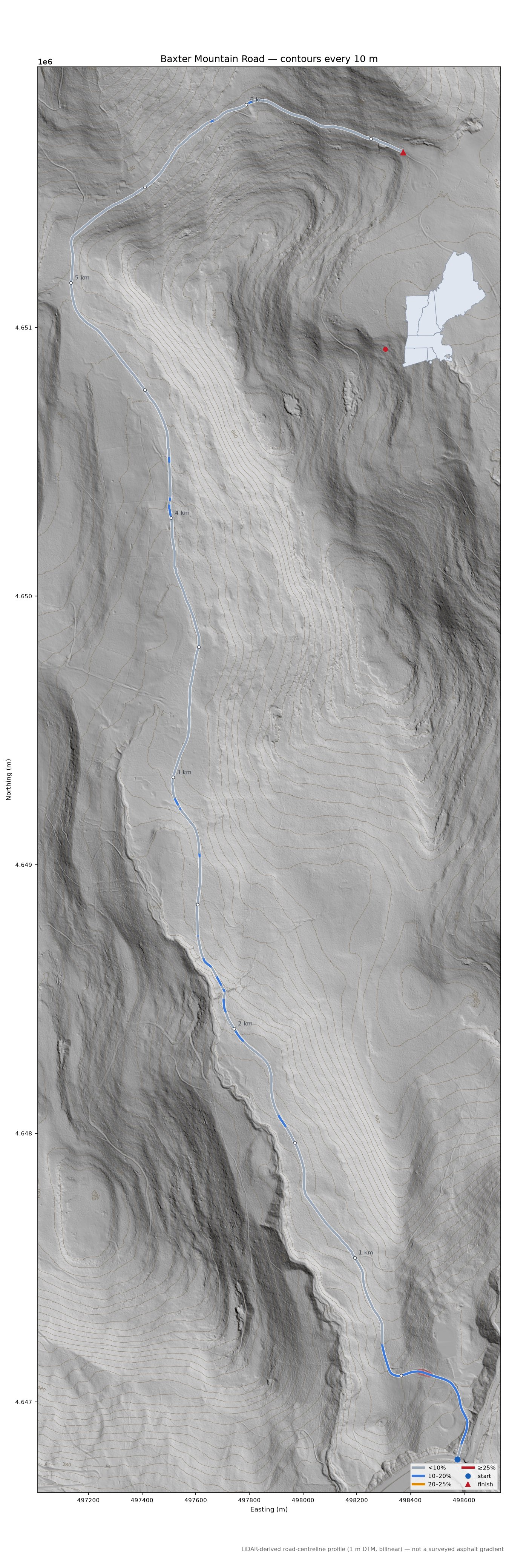 Baxter Mountain Road LiDAR hillshade map with contours