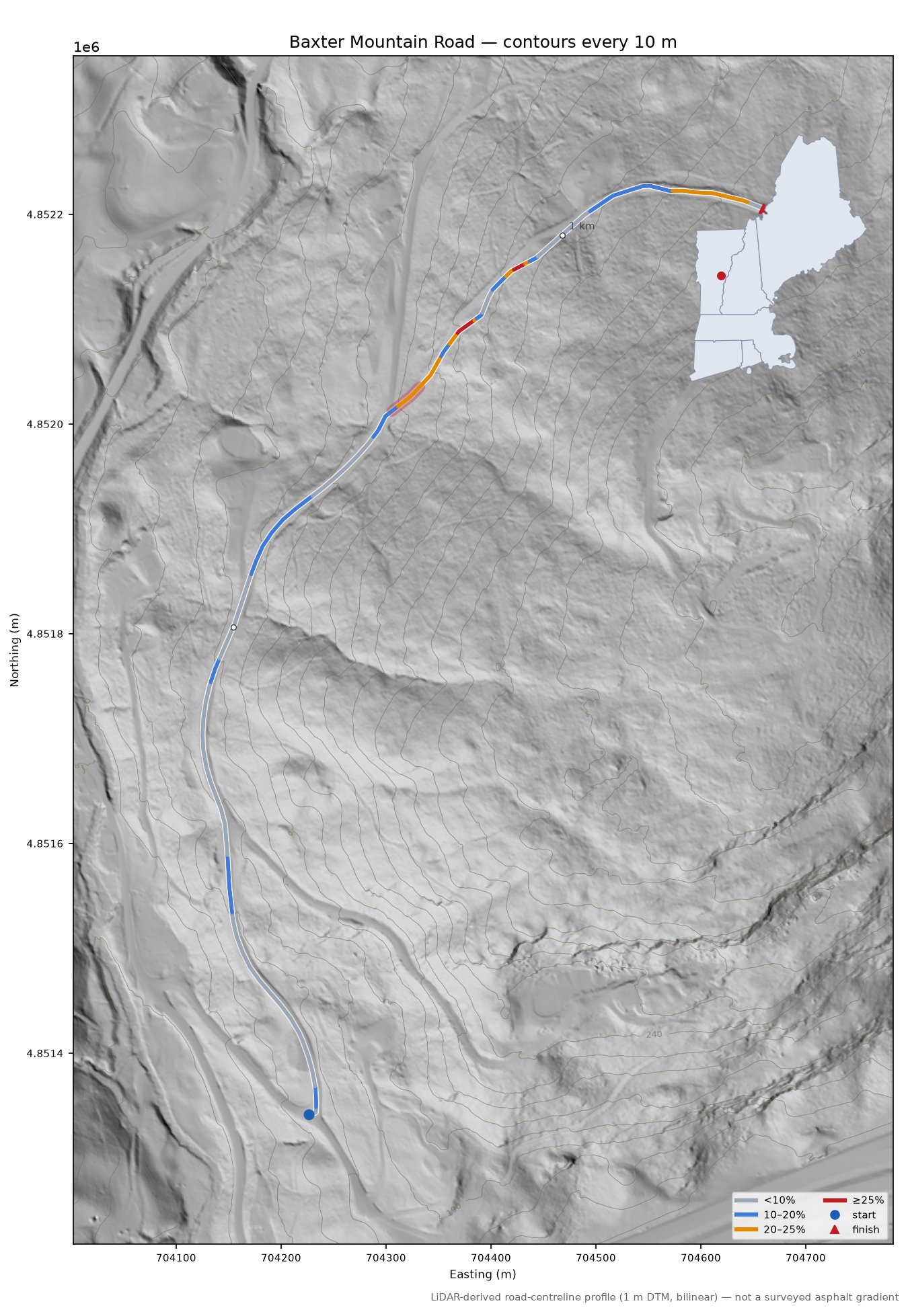 Baxter Mountain Road LiDAR hillshade map with contours