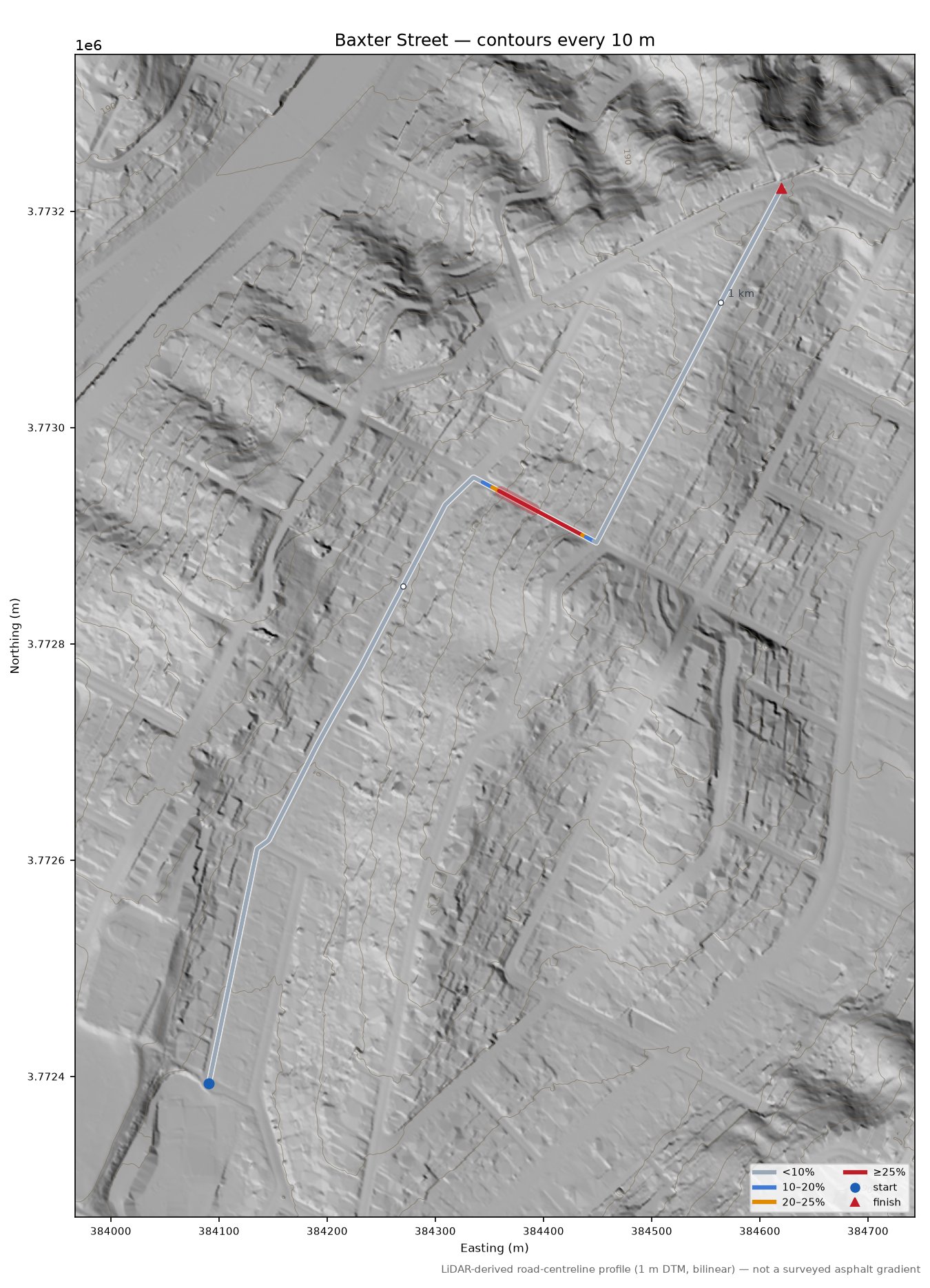 Baxter Street LiDAR hillshade map with contours