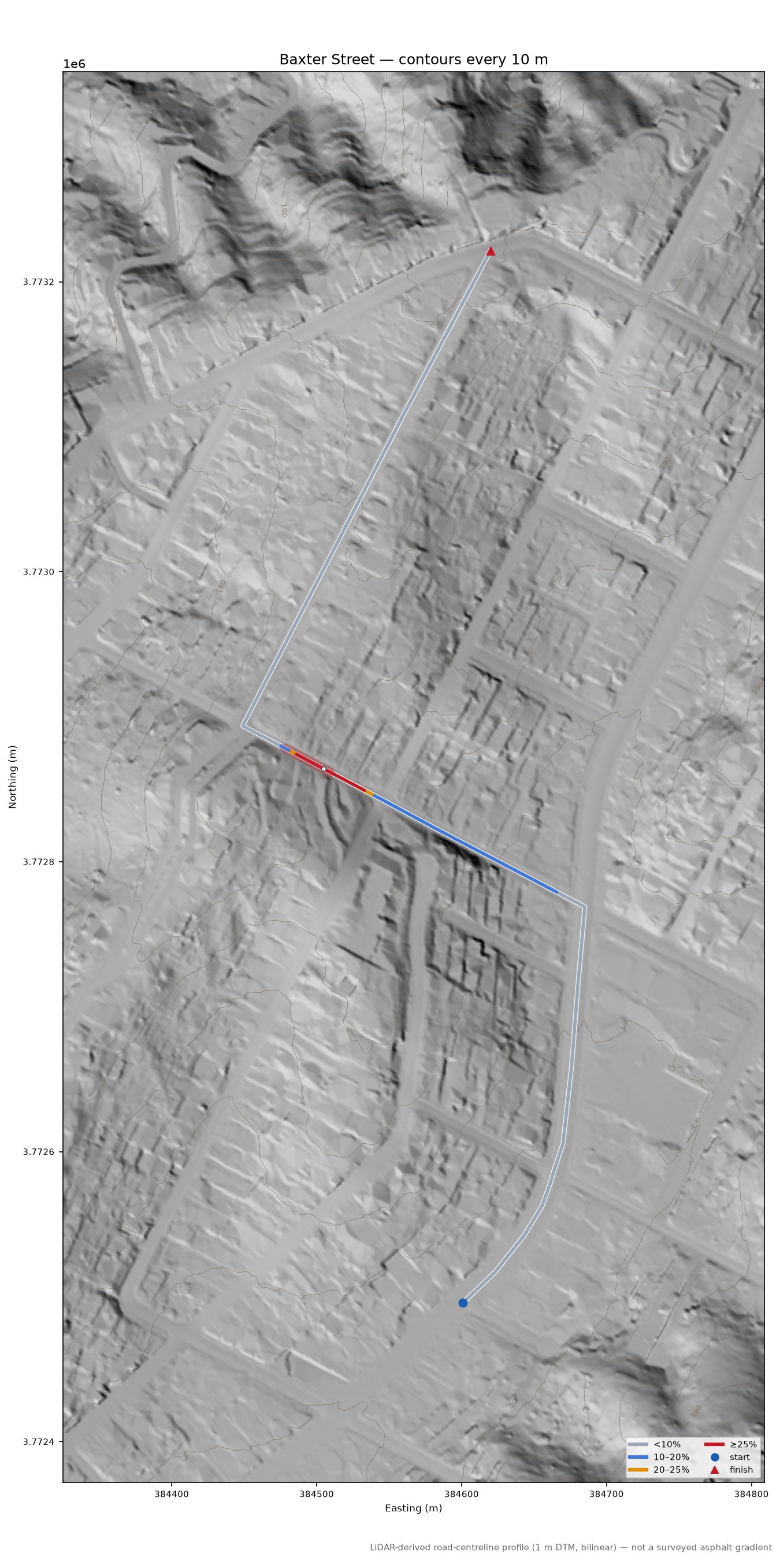 Baxter Street LiDAR hillshade map with contours