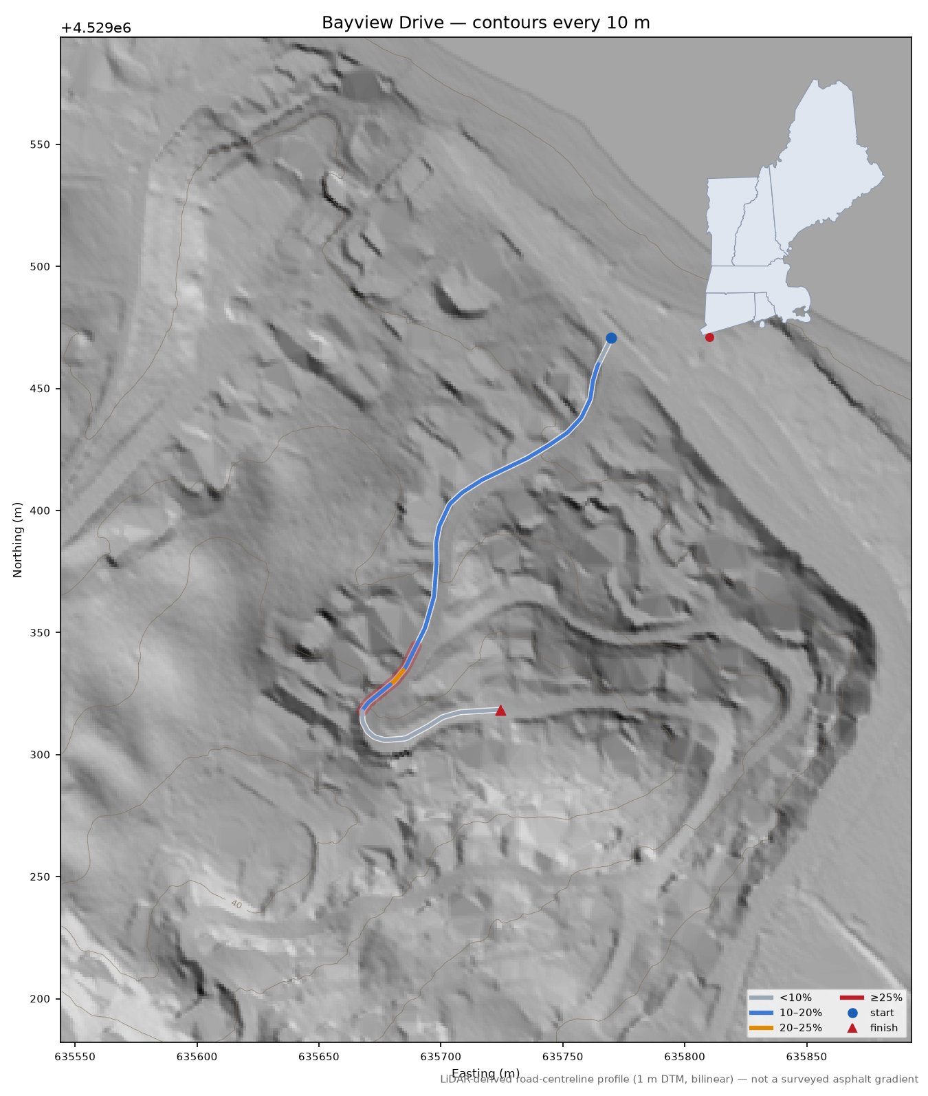Bayview Drive LiDAR hillshade map with contours