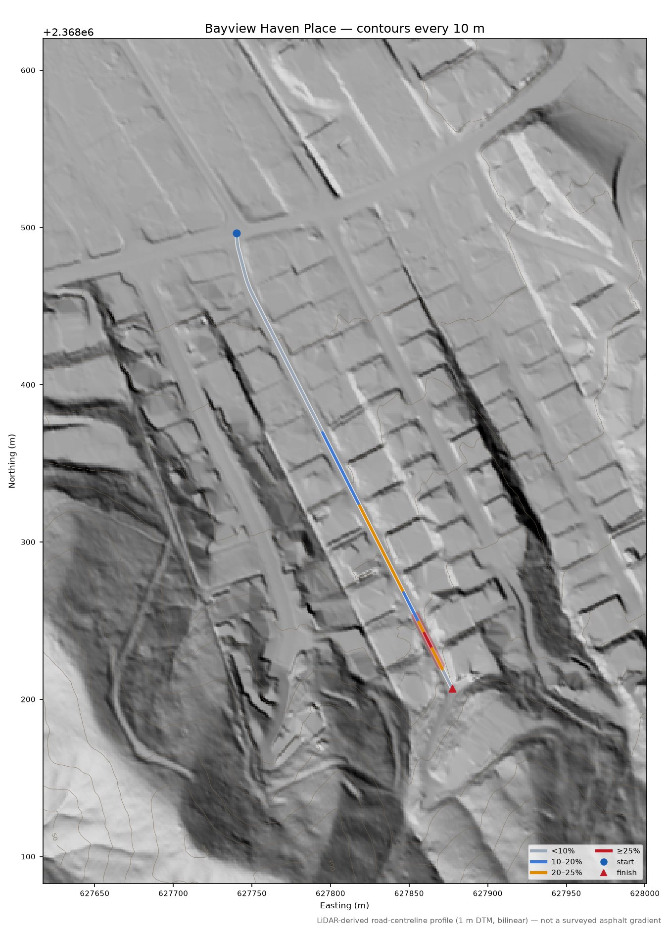 Bayview Haven Place LiDAR hillshade map with contours