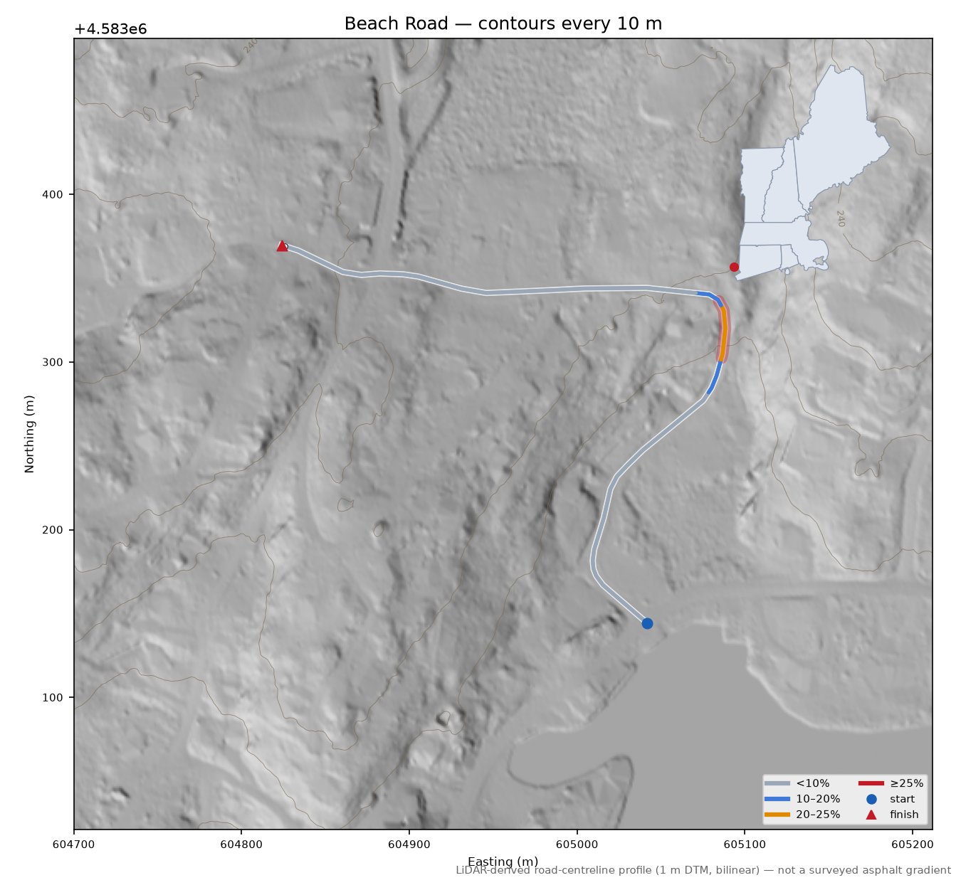 Beach Road LiDAR hillshade map with contours