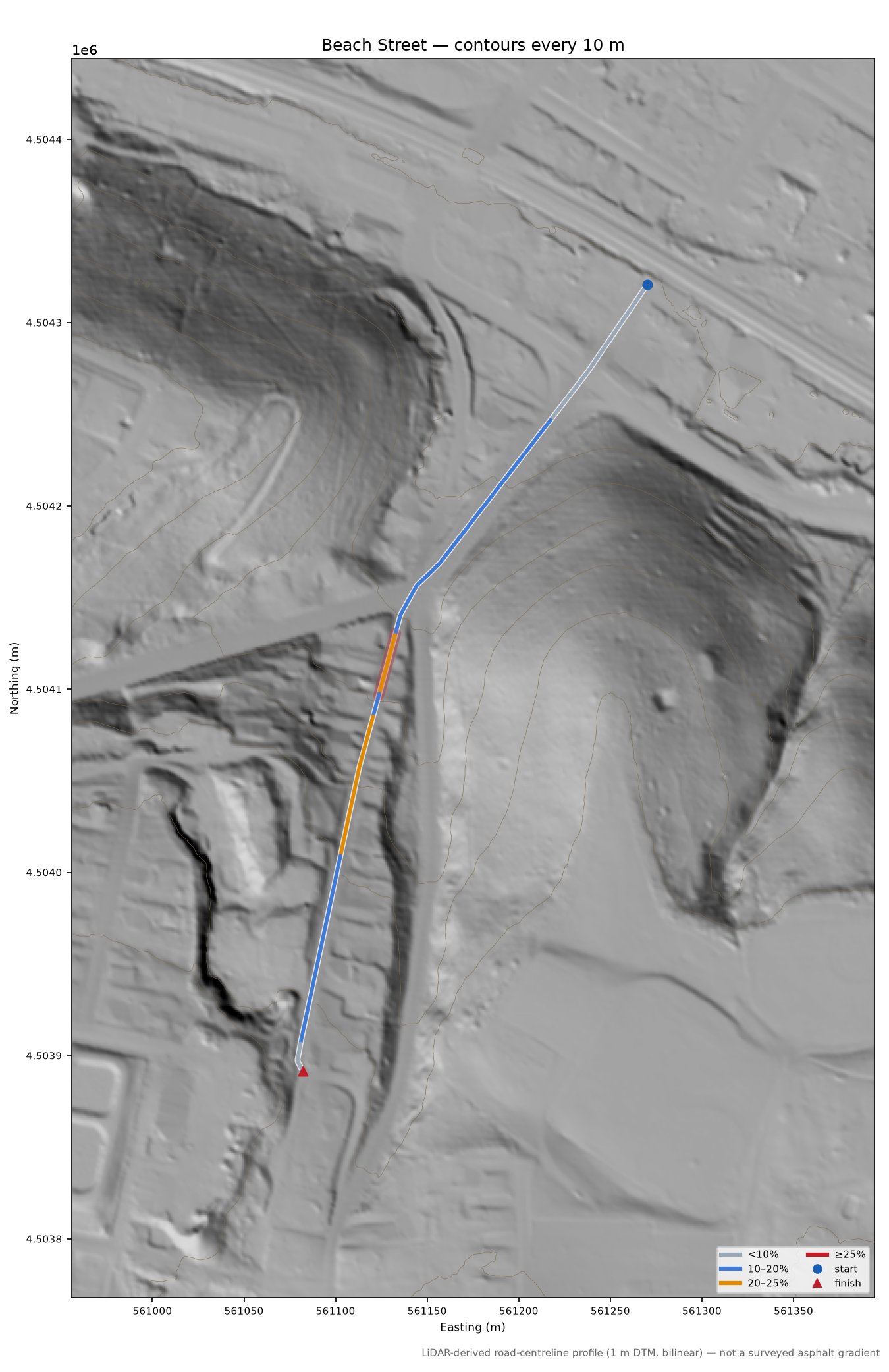 Beach Street LiDAR hillshade map with contours