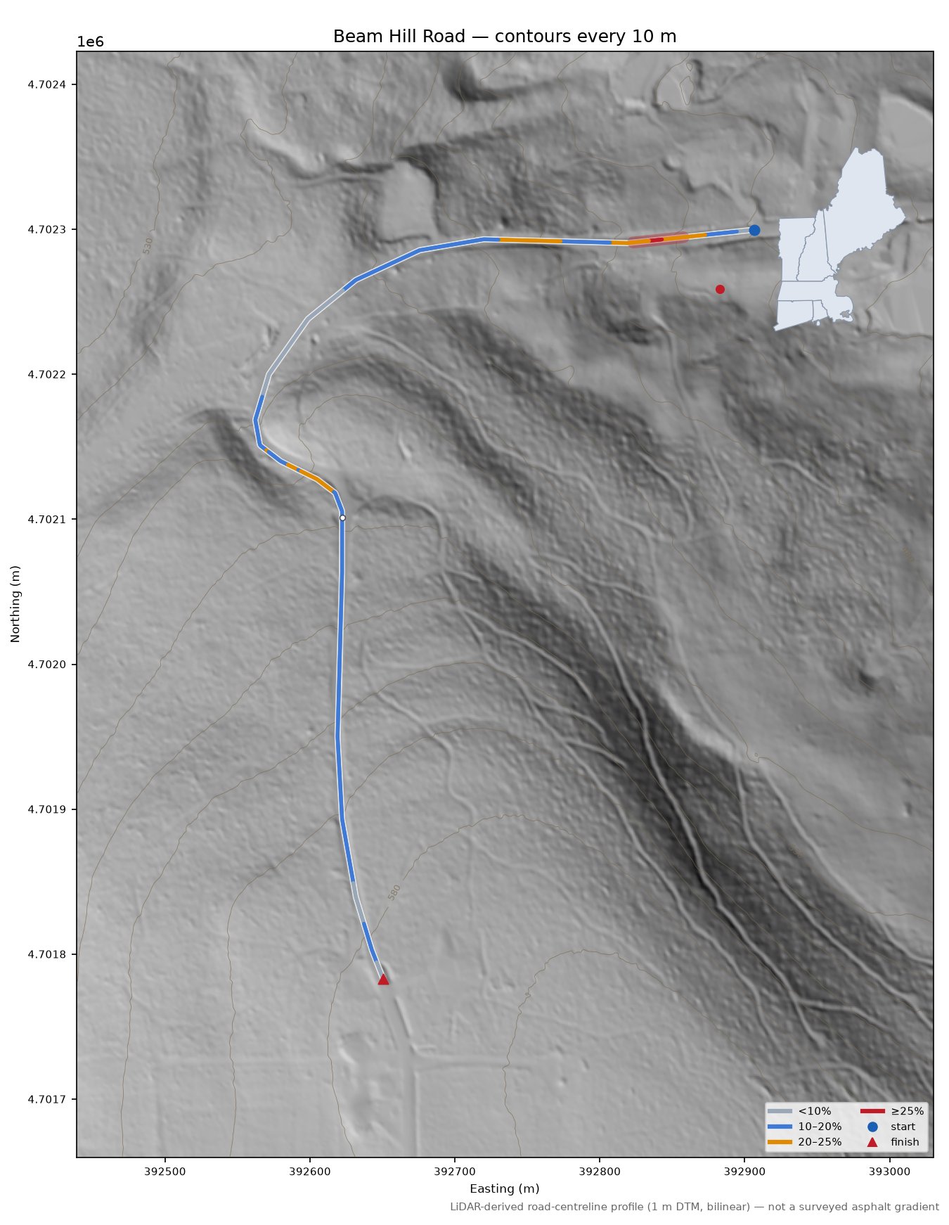 Beam Hill Road LiDAR hillshade map with contours