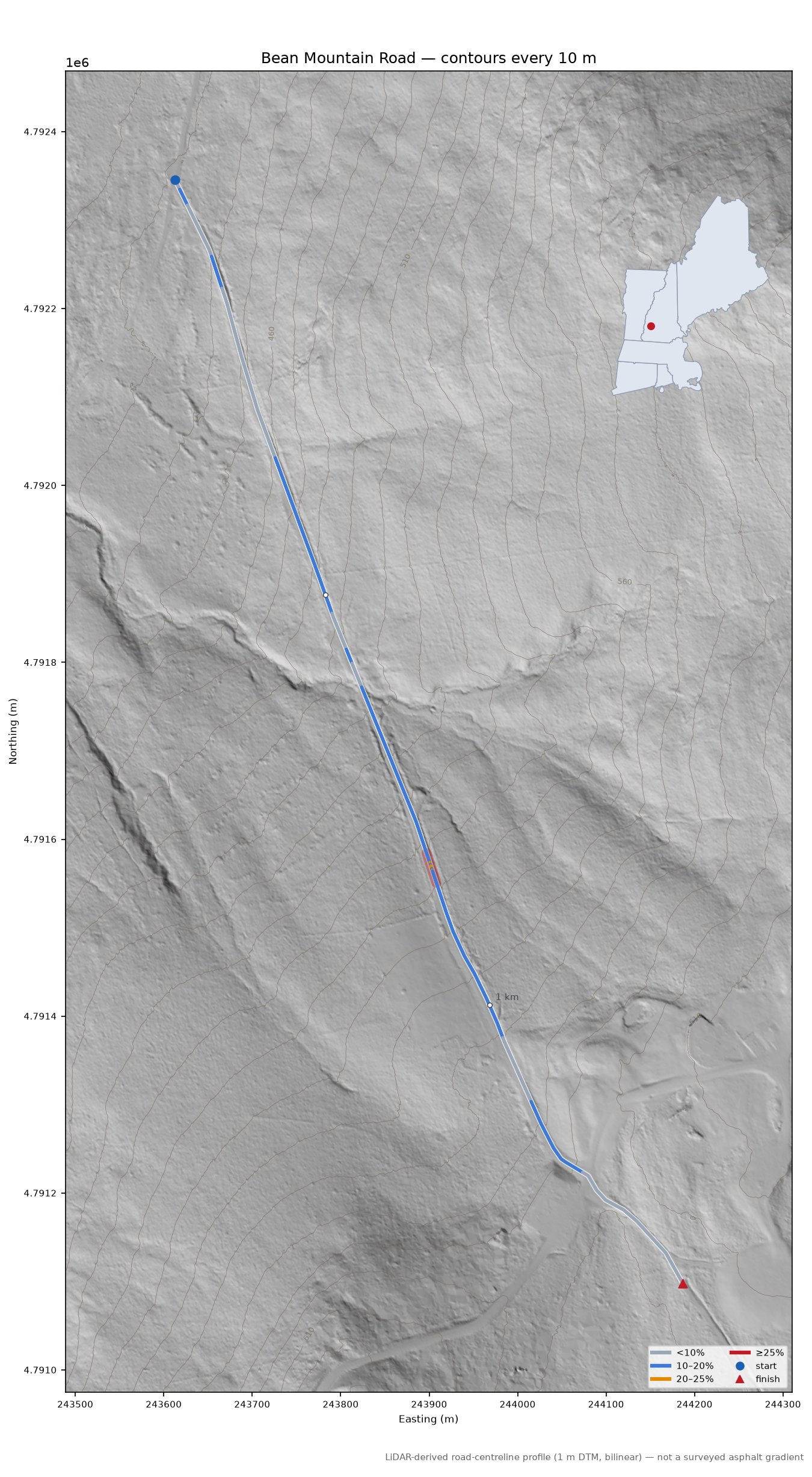 Bean Mountain Road LiDAR hillshade map with contours