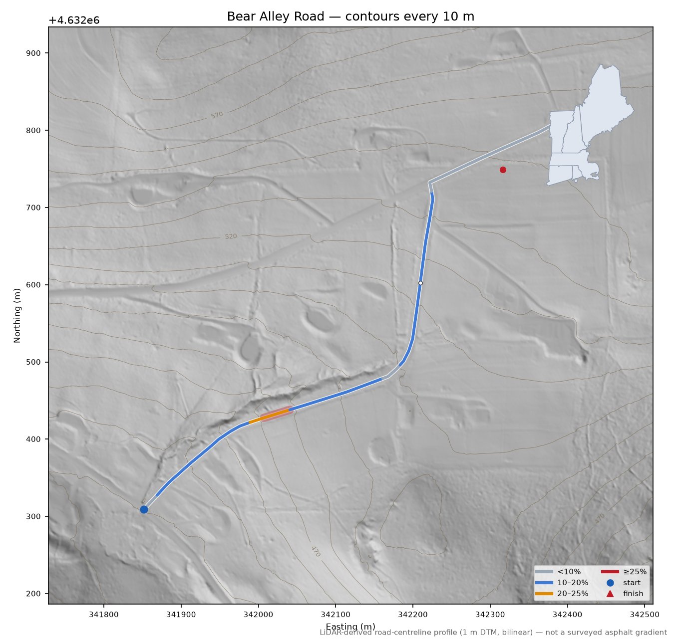 Bear Alley Road LiDAR hillshade map with contours