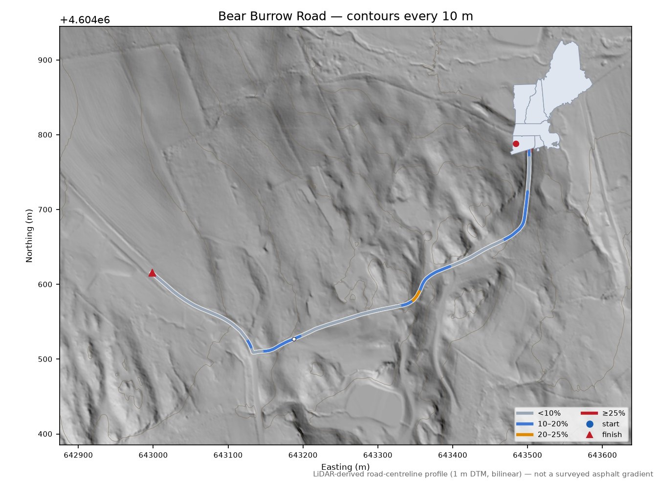 Bear Burrow Road LiDAR hillshade map with contours