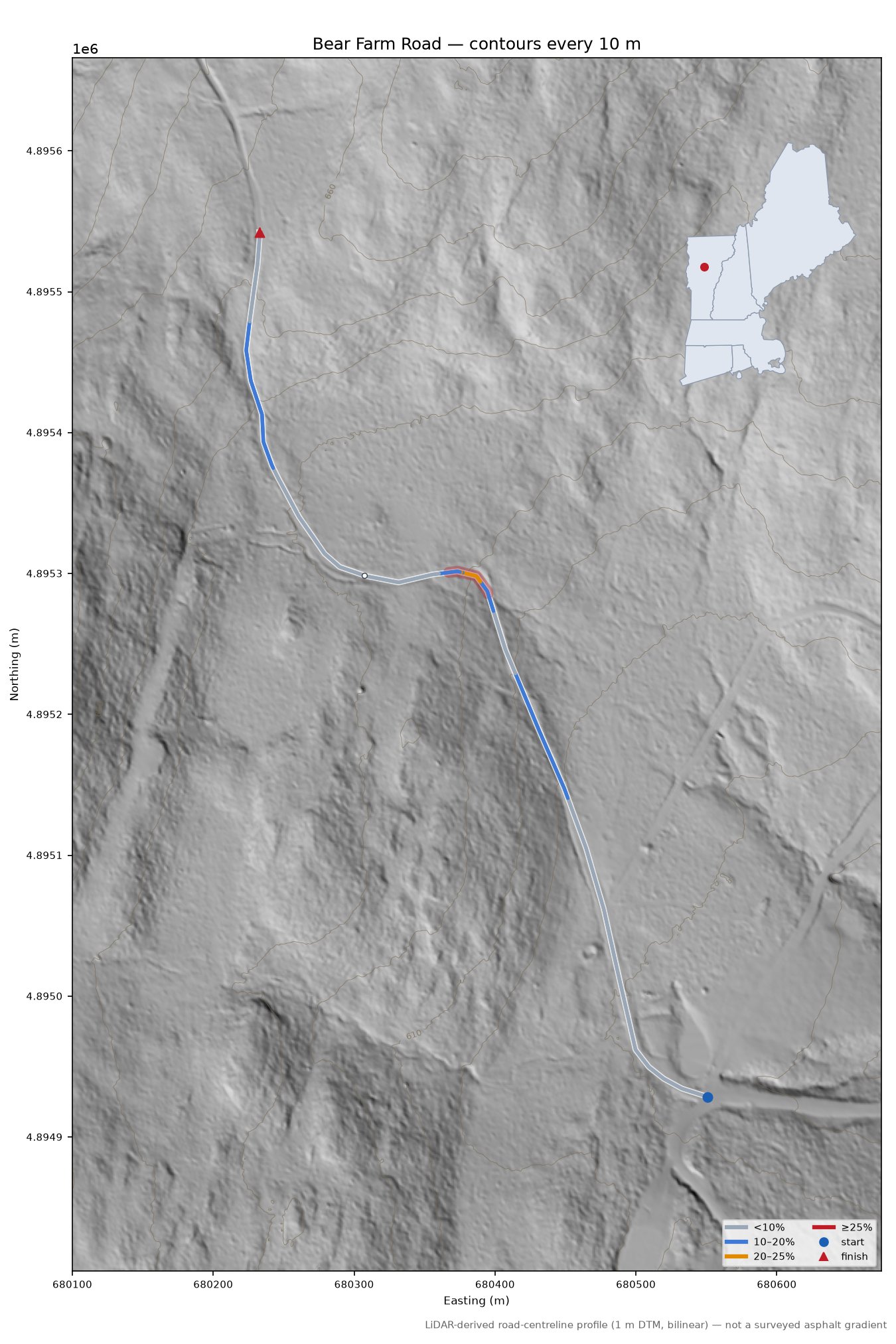 Bear Farm Road LiDAR hillshade map with contours