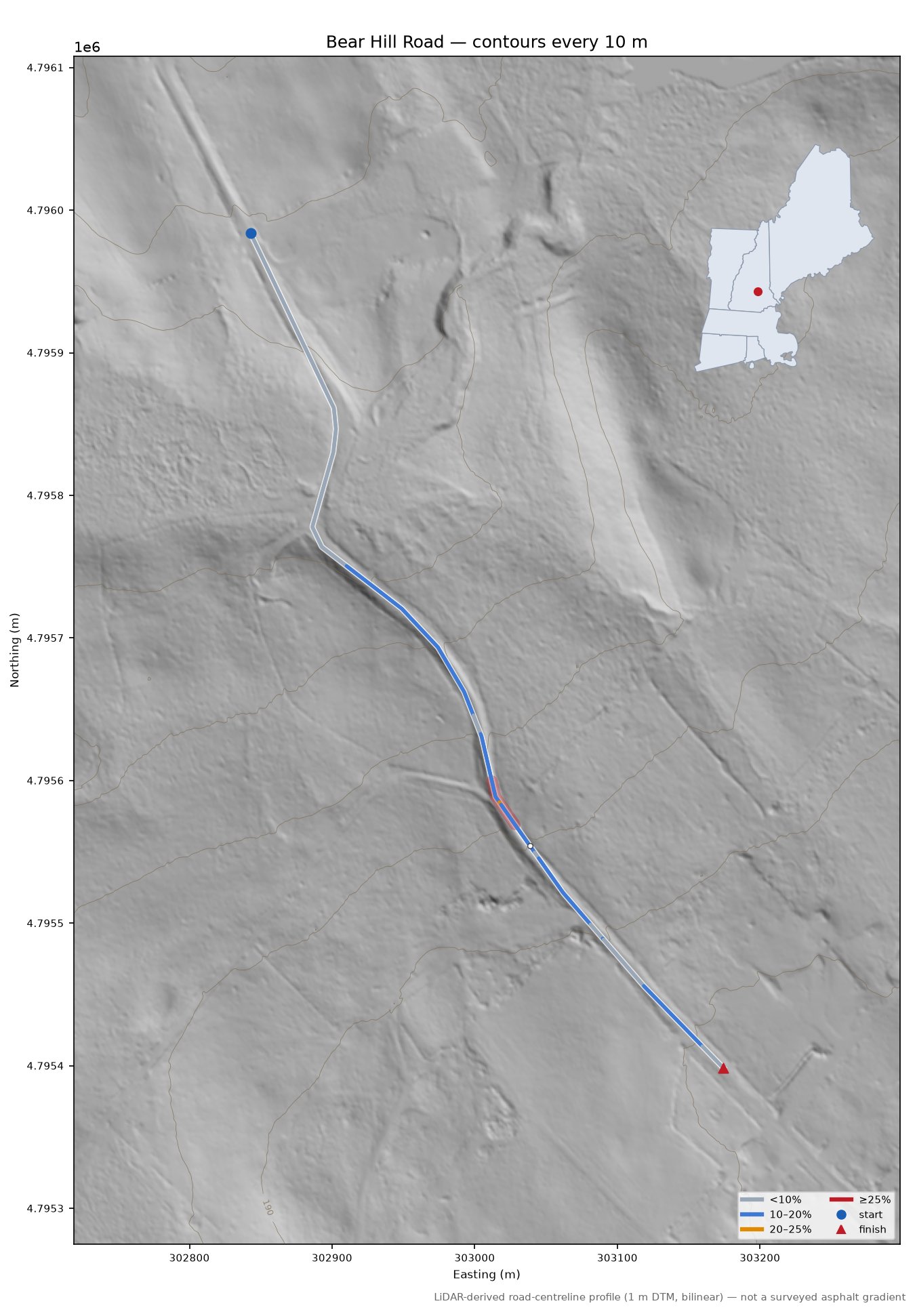 Bear Hill Road LiDAR hillshade map with contours