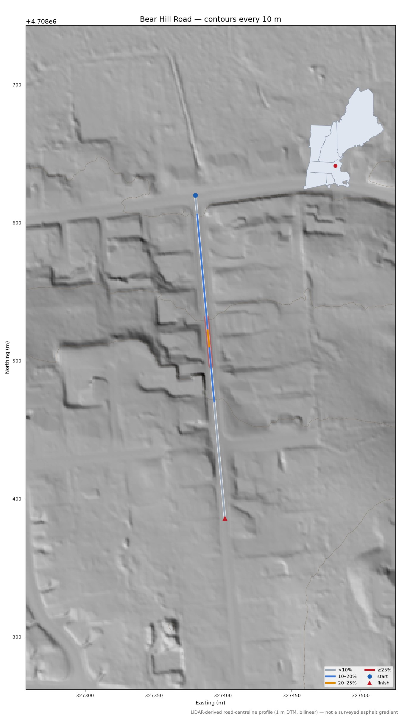 Bear Hill Road LiDAR hillshade map with contours