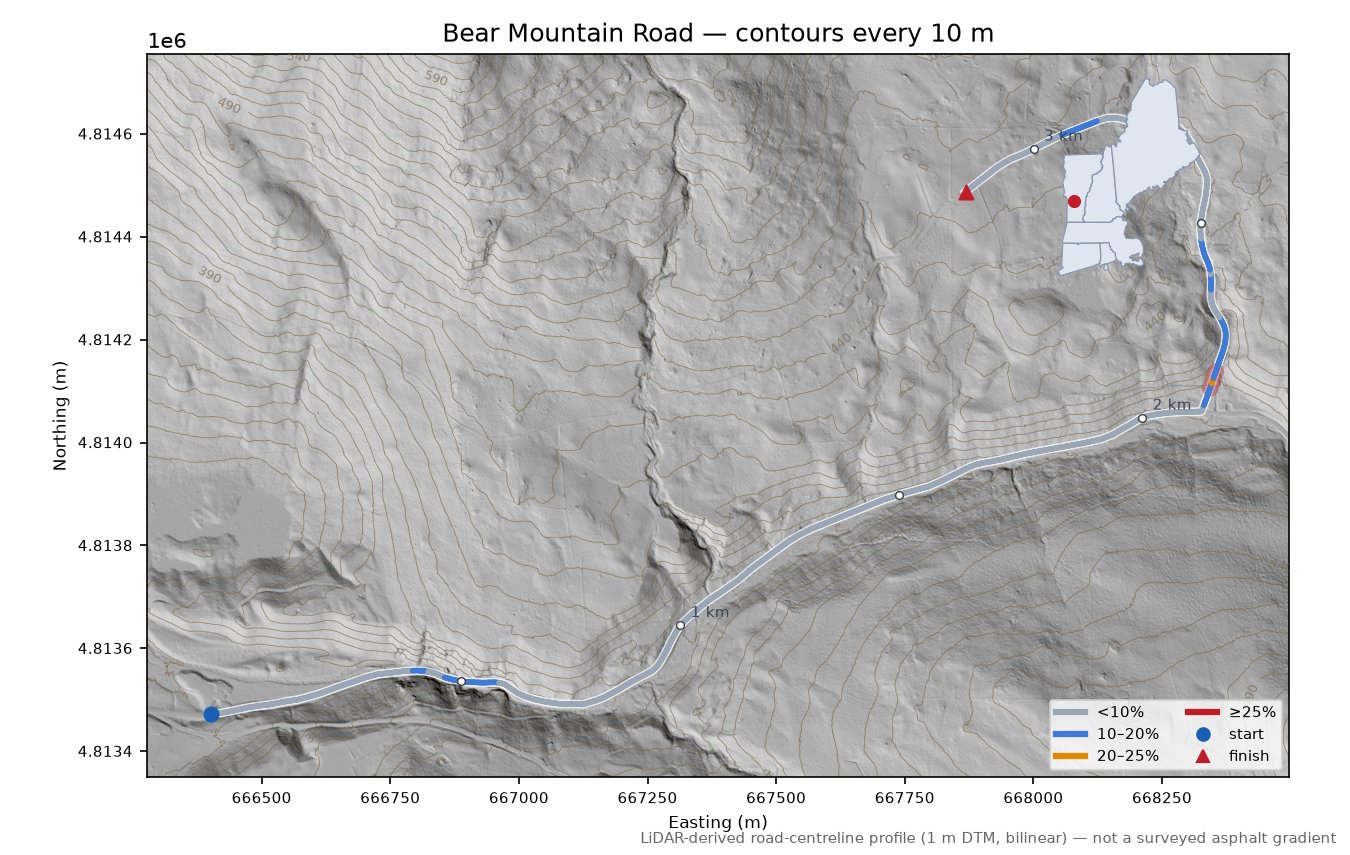 Bear Mountain Road LiDAR hillshade map with contours