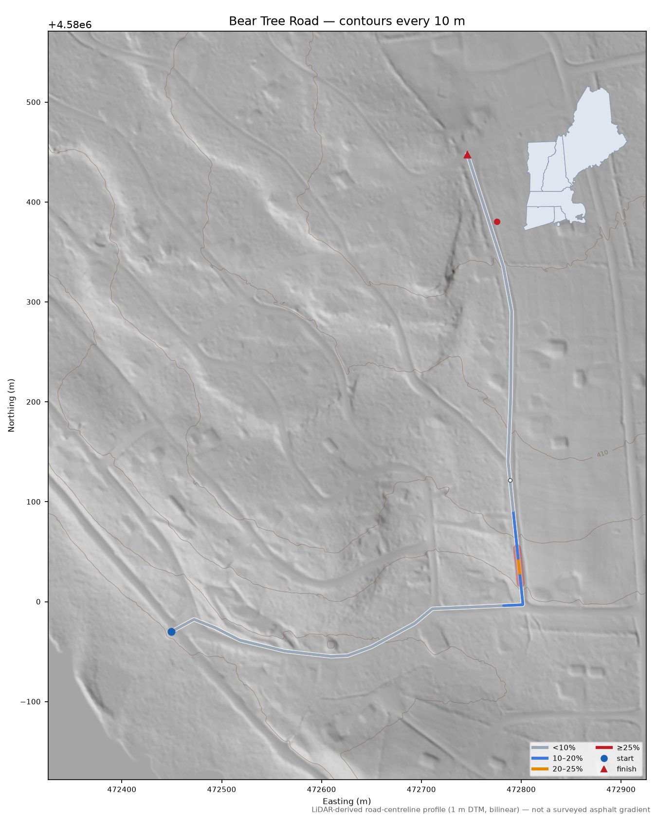 Bear Tree Road LiDAR hillshade map with contours
