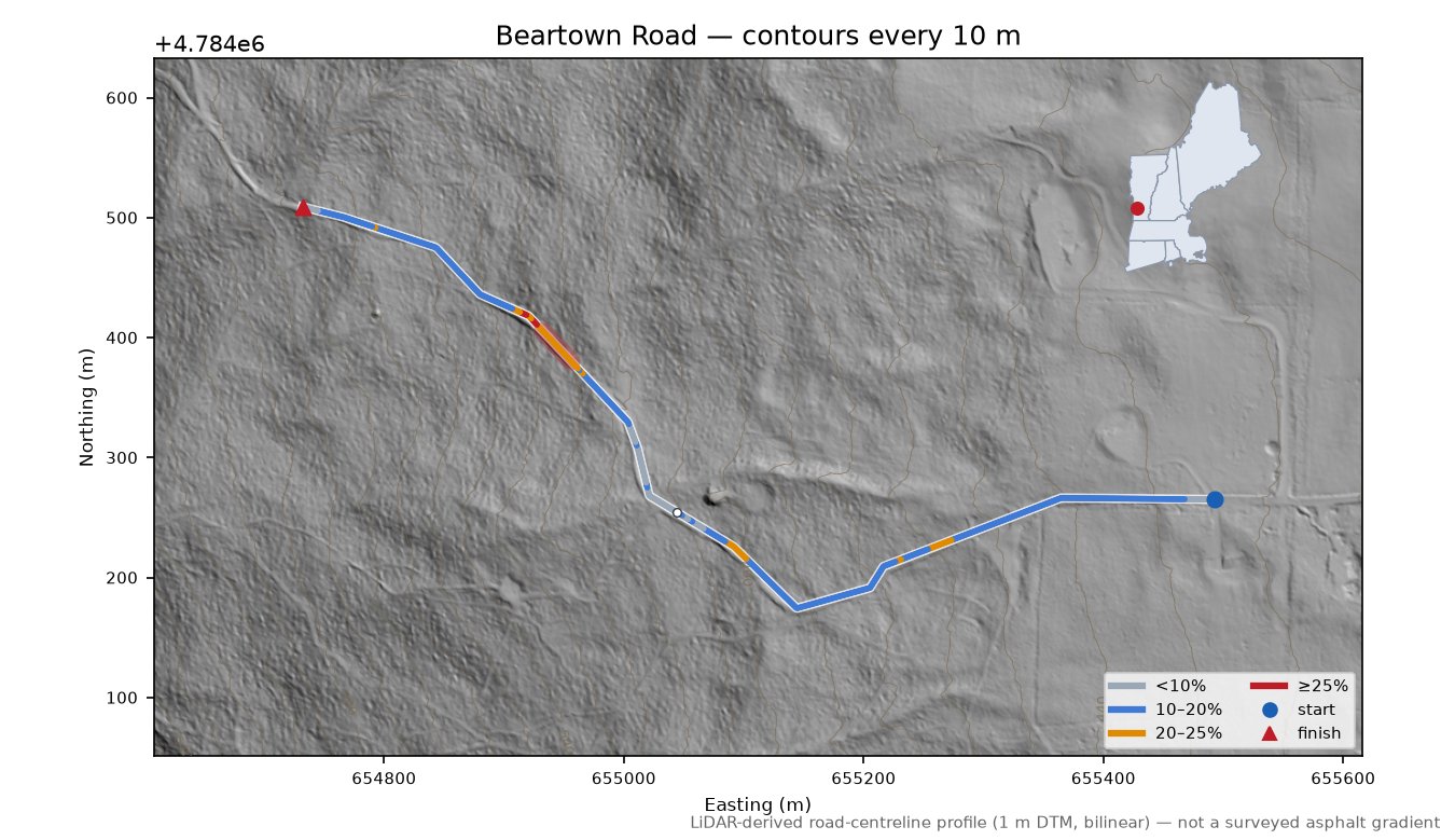 Beartown Road LiDAR hillshade map with contours