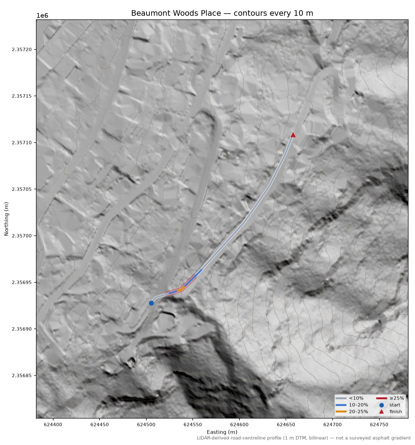 Beaumont Woods Place LiDAR hillshade map with contours